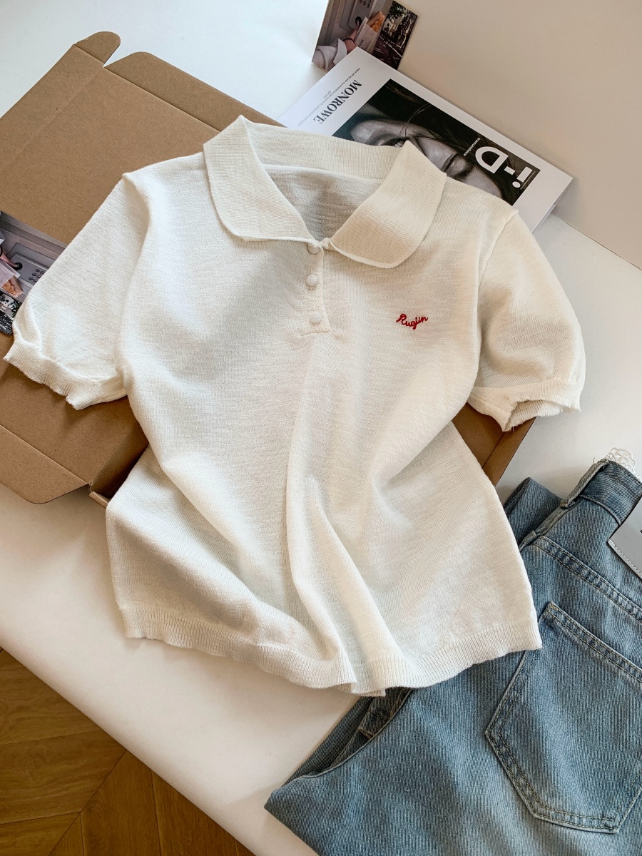 2026 Summer Women's Doll Collar Embroidered Knit Top - Lightweight Lyocell Cotton Pullover