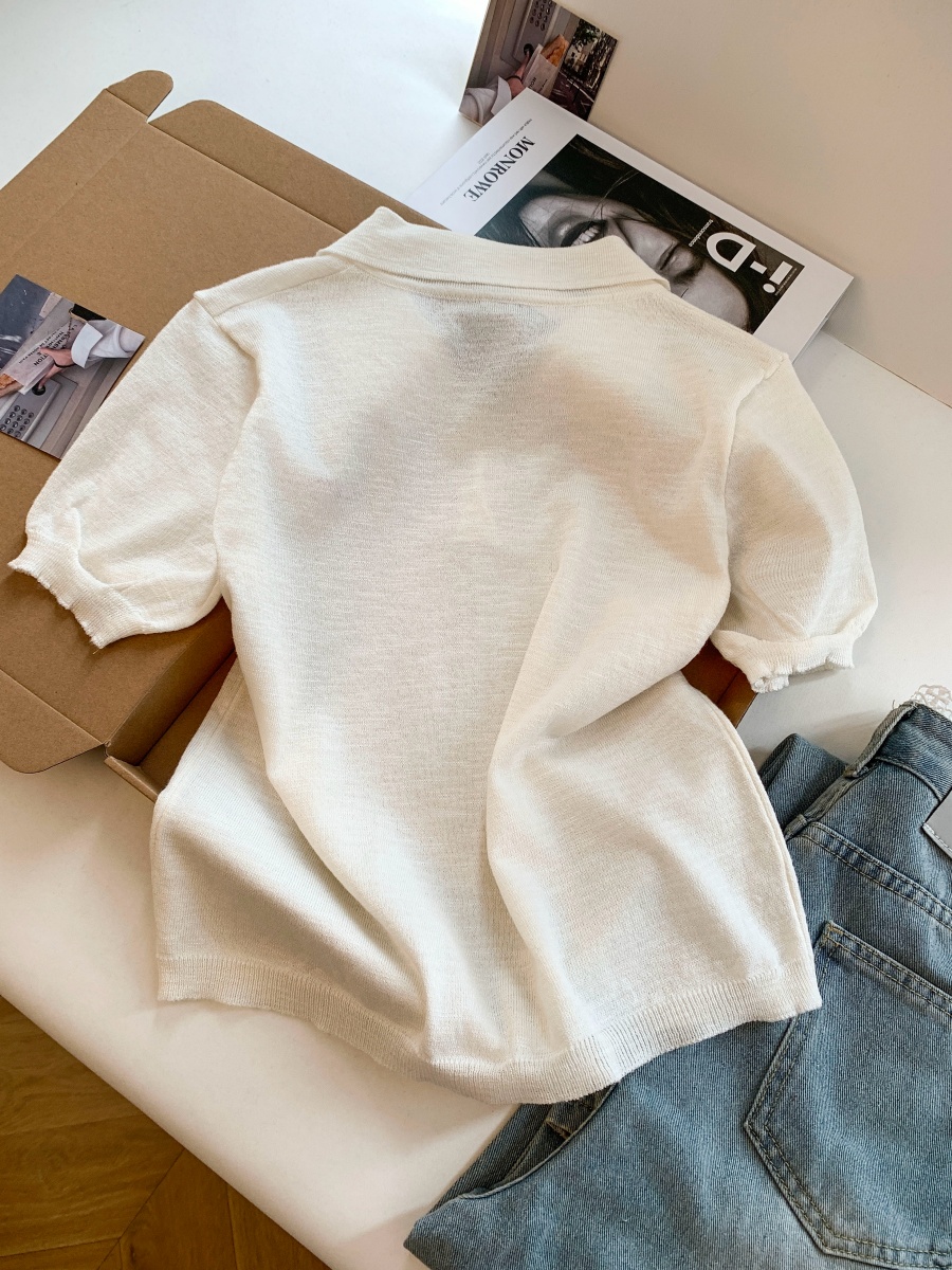 2026 Summer Women's Doll Collar Embroidered Knit Top - Lightweight Lyocell Cotton Pullover