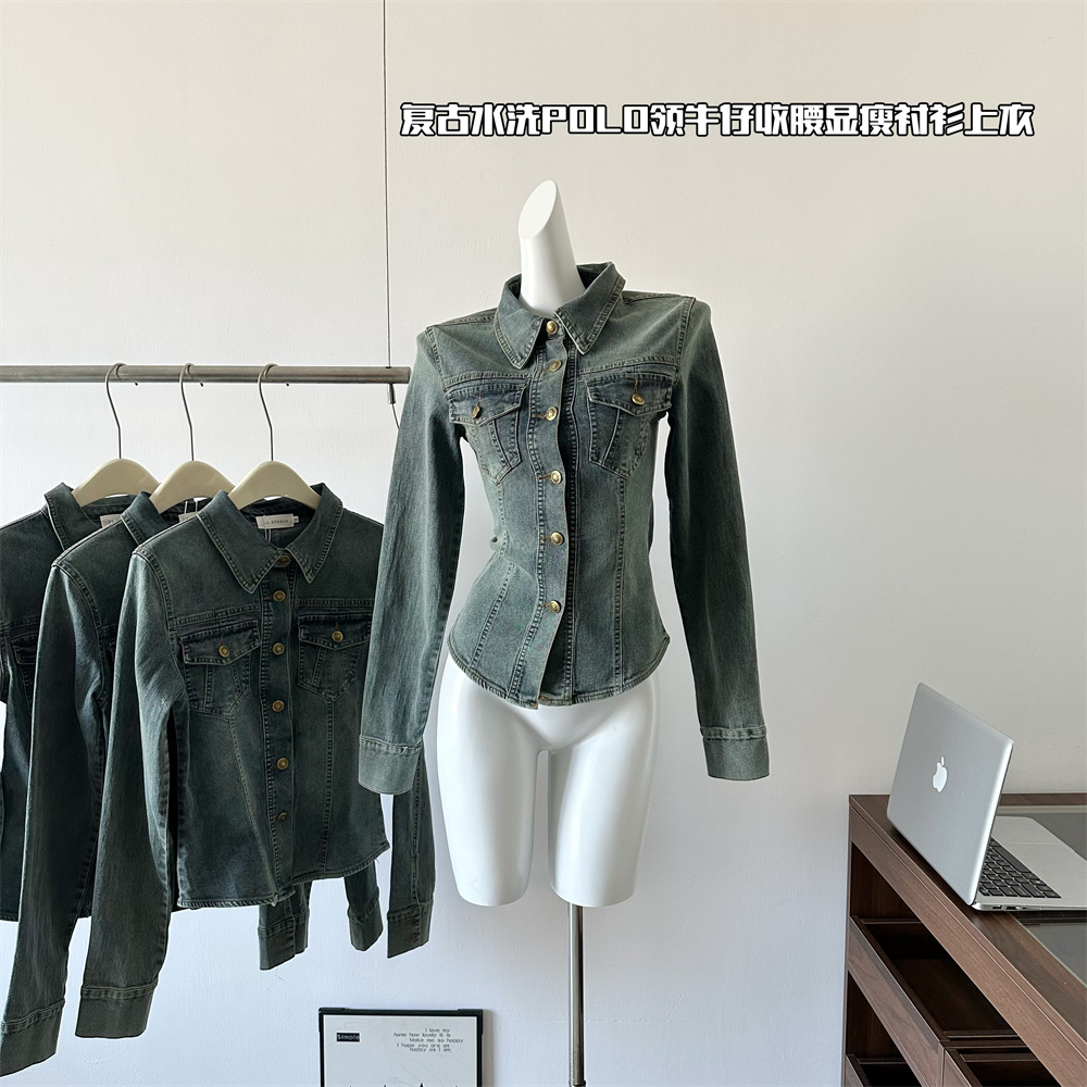 American Retro Blue Denim Shirt with Polo Collar for Women