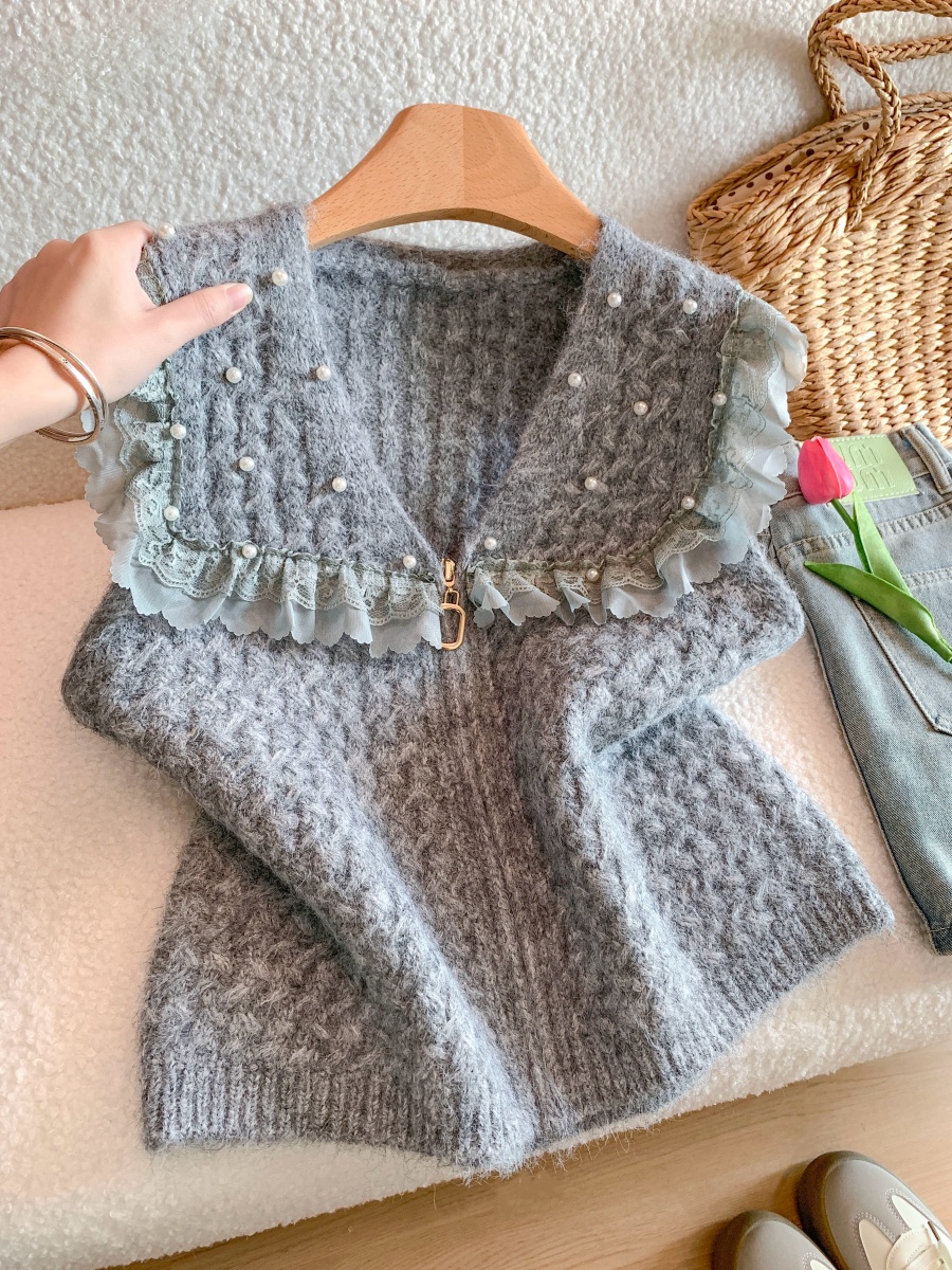 French Lace Spliced Knit Vest Women Autumn Outerwear Collar Cardigan Layering Top