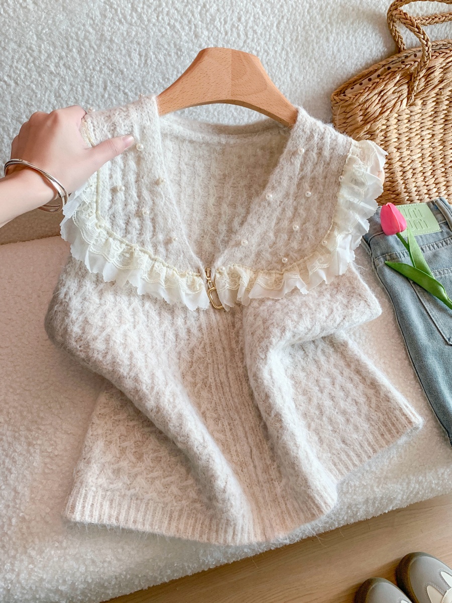 French Lace Spliced Knit Vest Women Autumn Outerwear Collar Cardigan Layering Top