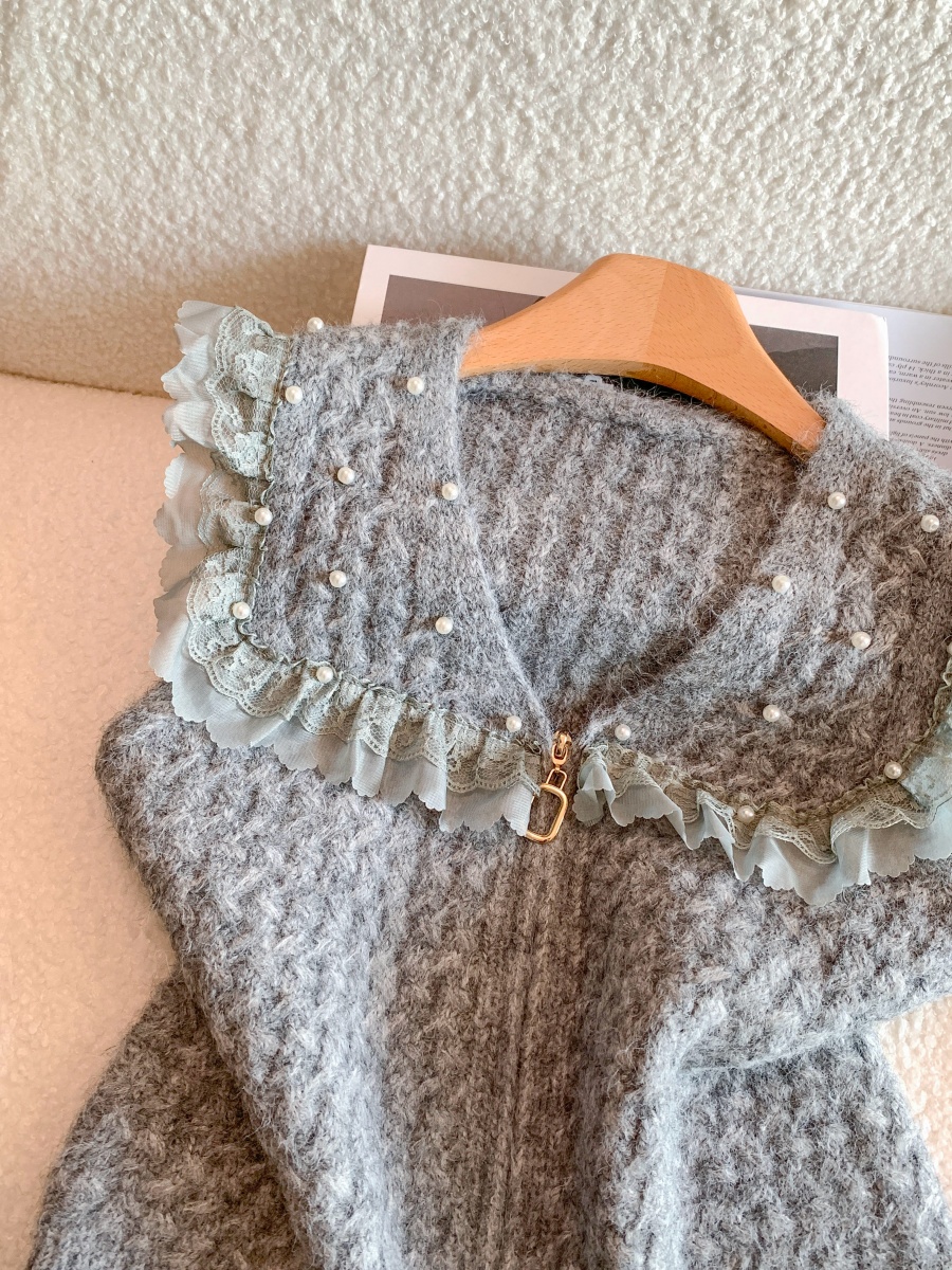 French Lace Spliced Knit Vest Women Autumn Outerwear Collar Cardigan Layering Top