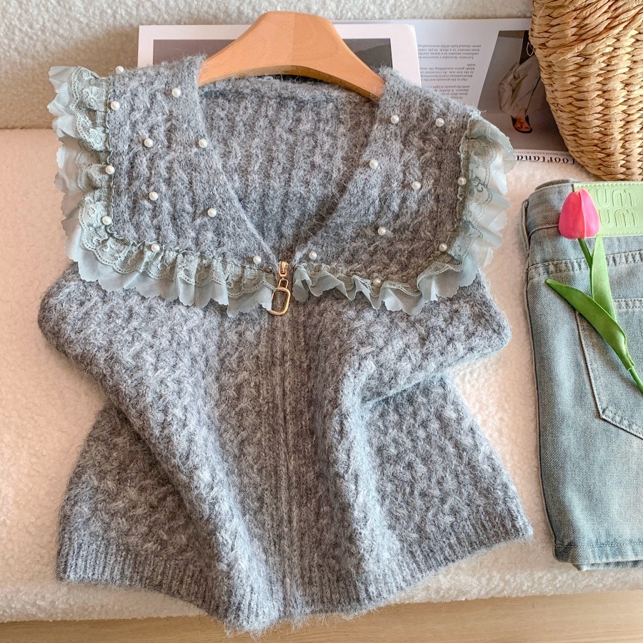 French Lace Spliced Knit Vest Women Autumn Outerwear Collar Cardigan Layering Top
