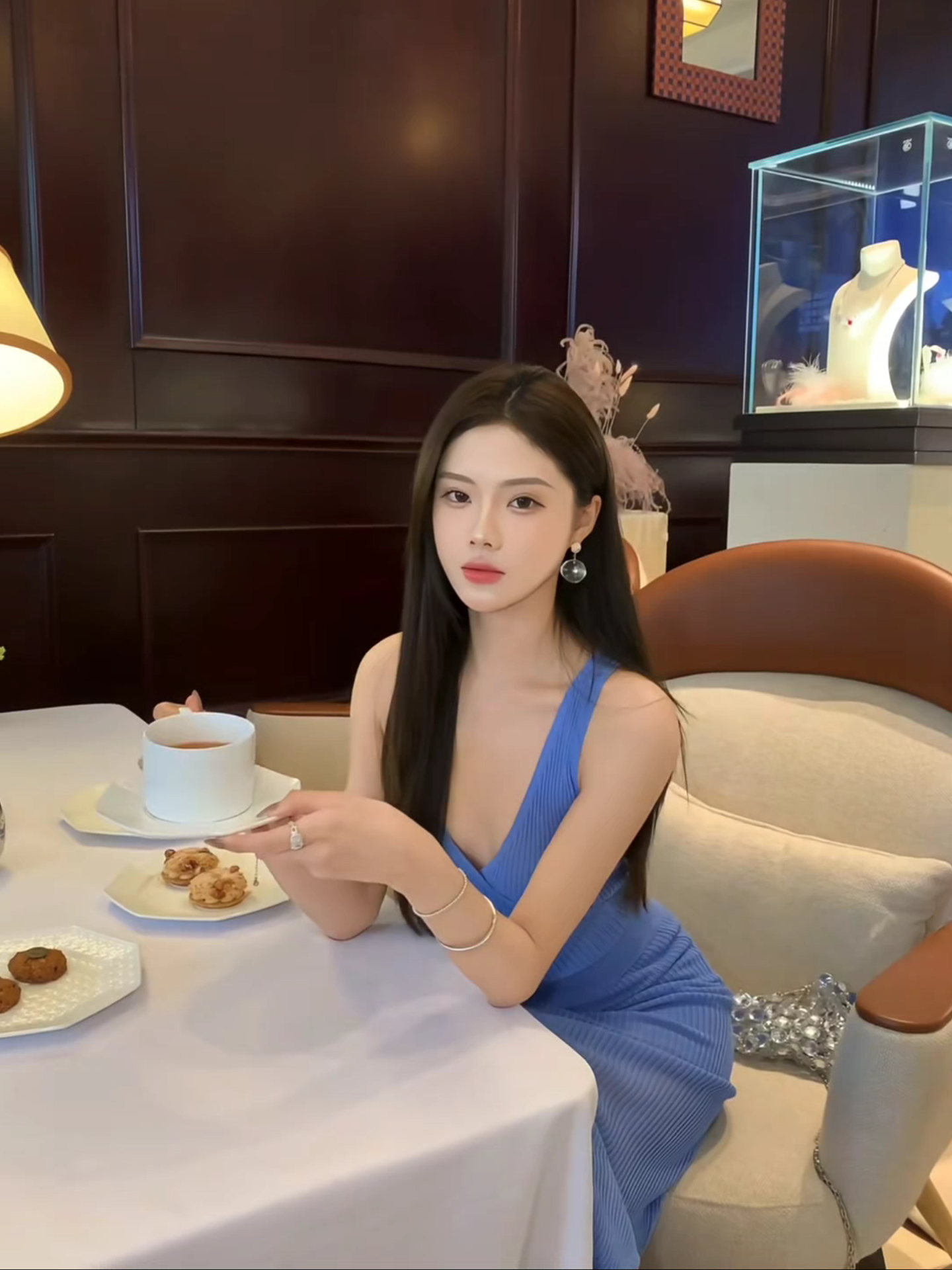 French Style Blue V-Neck Tank Top and Long Bodycon Dress Two-Piece Set Summer 2025