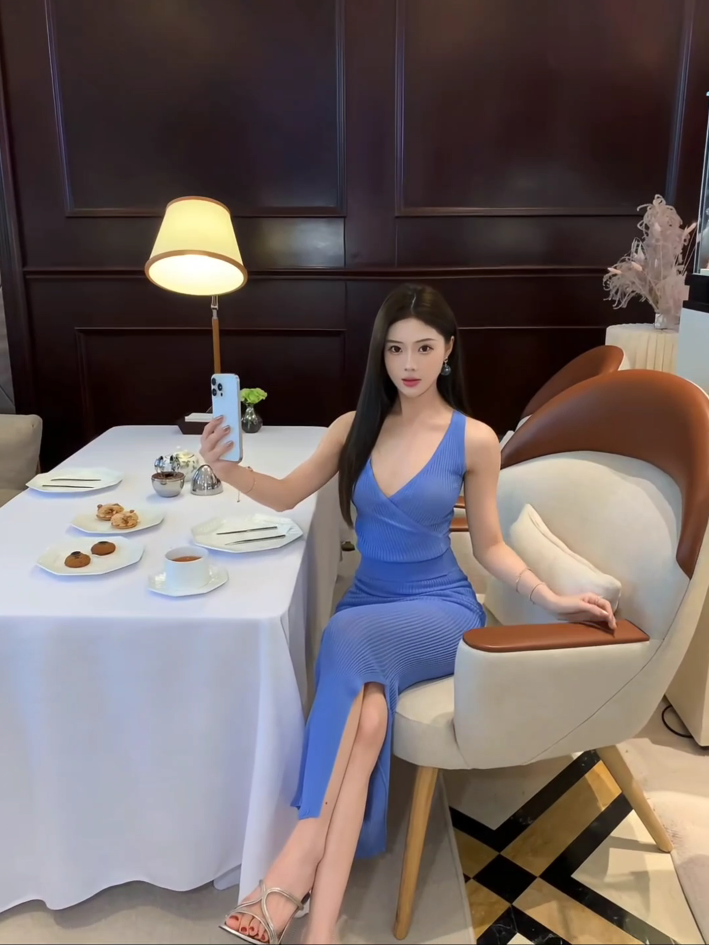 French Style Blue V-Neck Tank Top and Long Bodycon Dress Two-Piece Set Summer 2025