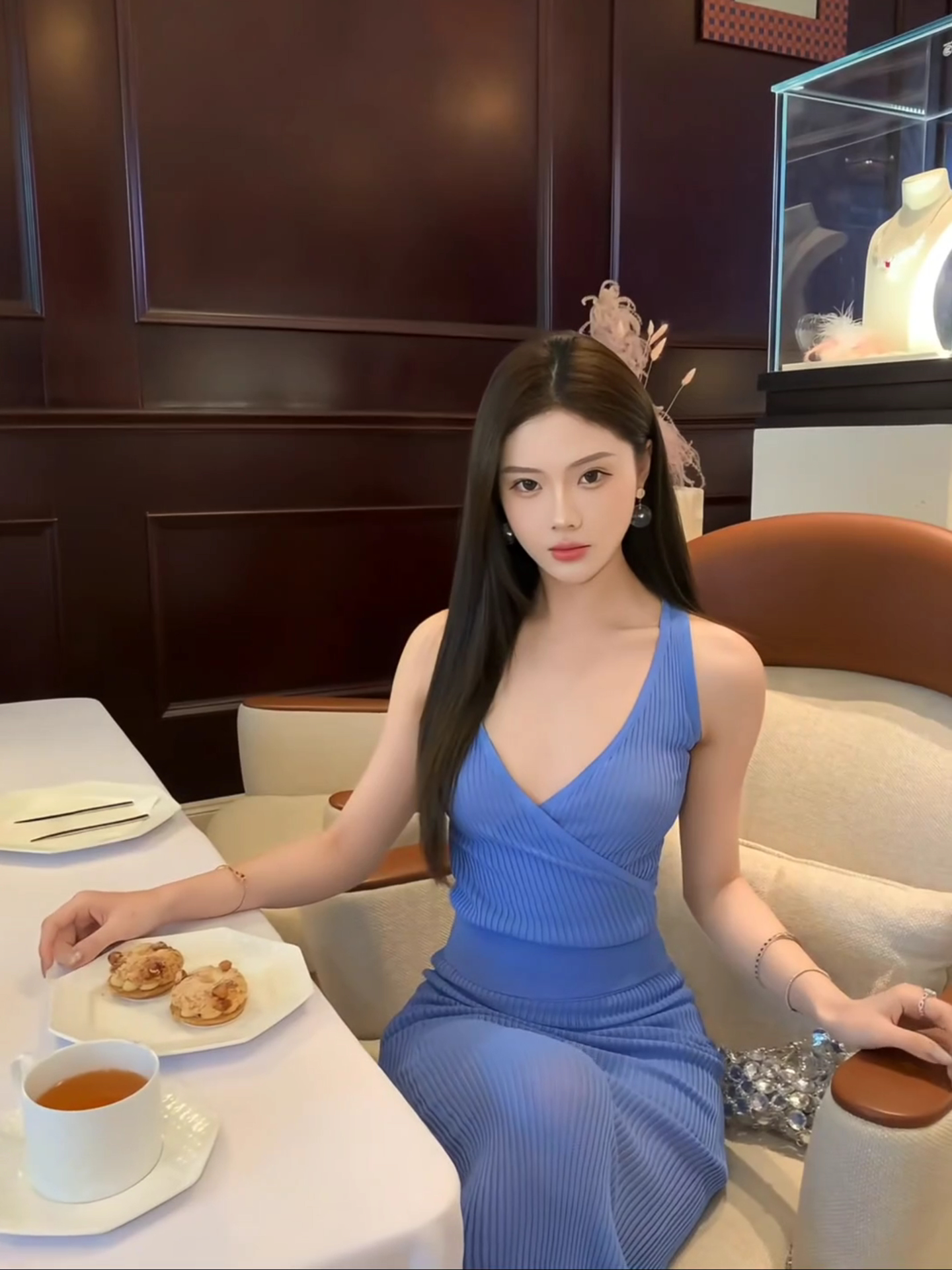 French Style Blue V-Neck Tank Top and Long Bodycon Dress Two-Piece Set Summer 2025