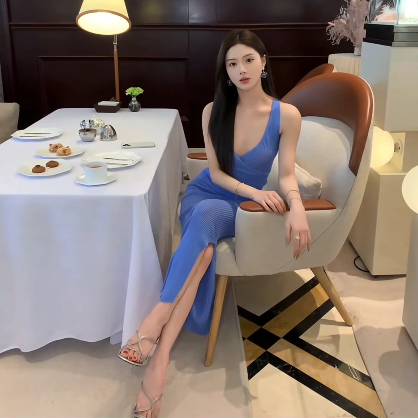 French Style Blue V-Neck Tank Top and Long Bodycon Dress Two-Piece Set Summer 2025