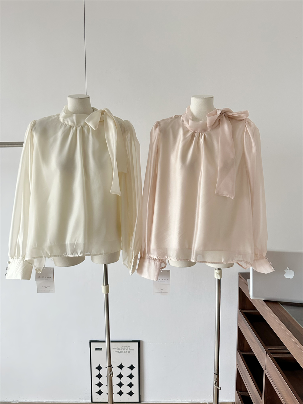French Style Satin Bow Tie Blouse with Puff Sleeves Long Sleeve Top