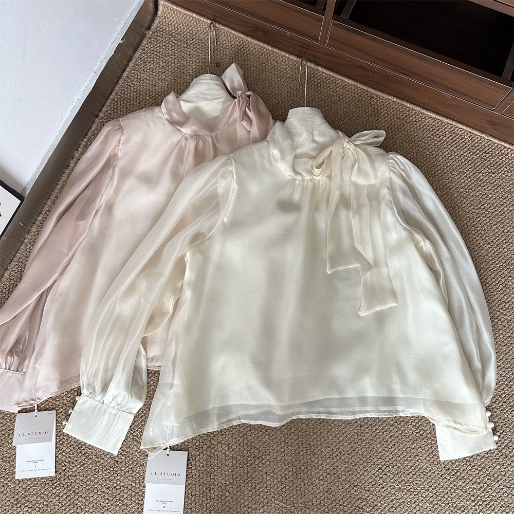 French Style Satin Bow Tie Blouse with Puff Sleeves Long Sleeve Top