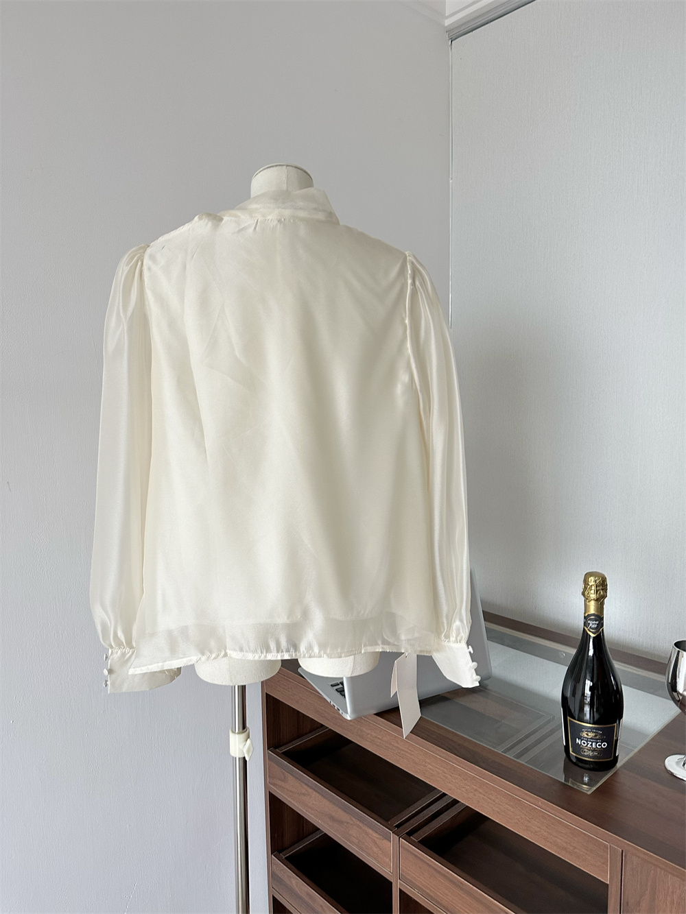 French Style Satin Bow Tie Blouse with Puff Sleeves Long Sleeve Top