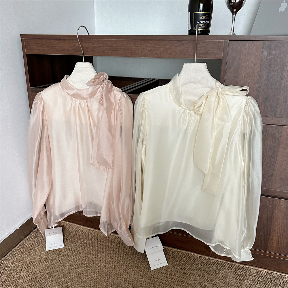 French Style Satin Bow Tie Blouse with Puff Sleeves Long Sleeve Top
