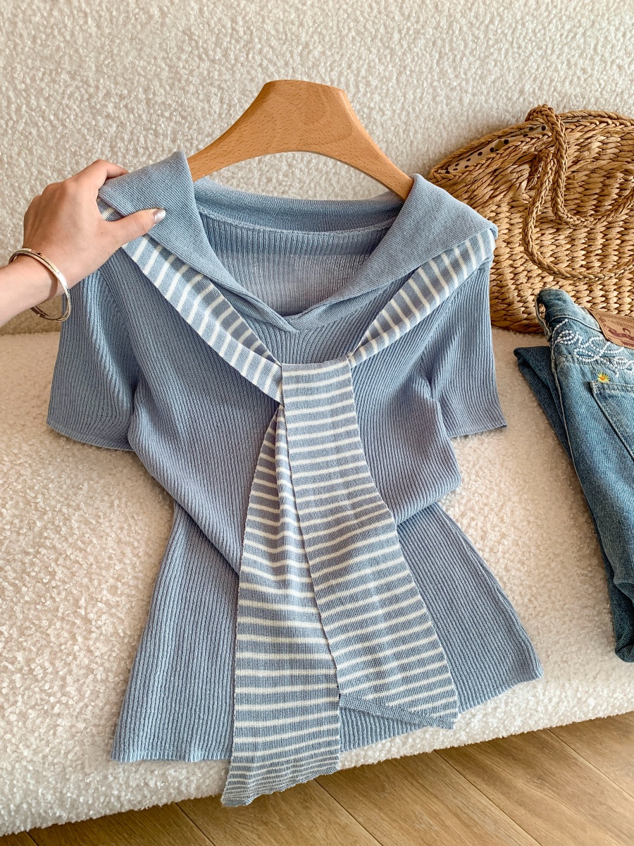 Japanese Preppy Sailor Collar Striped T-Shirt with Cape