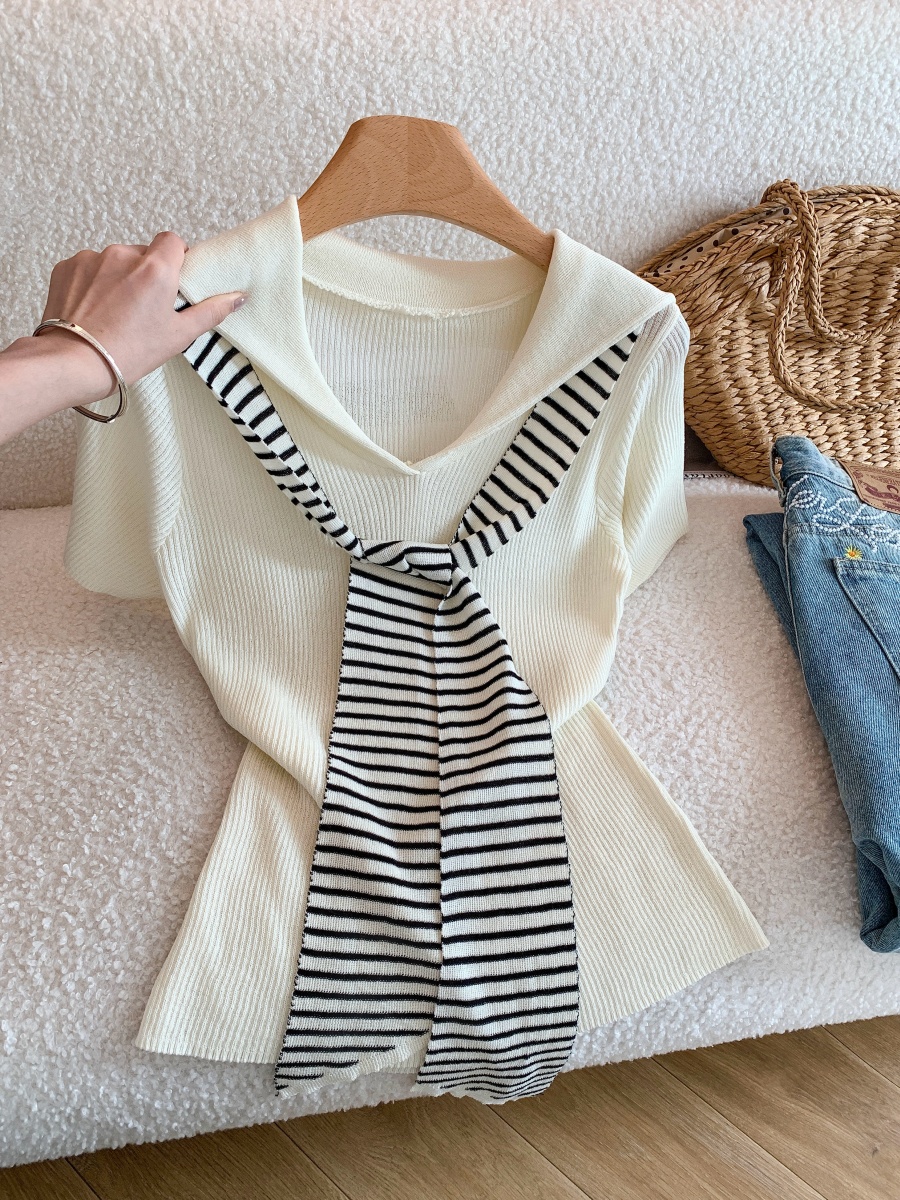 Japanese Preppy Sailor Collar Striped T-Shirt with Cape