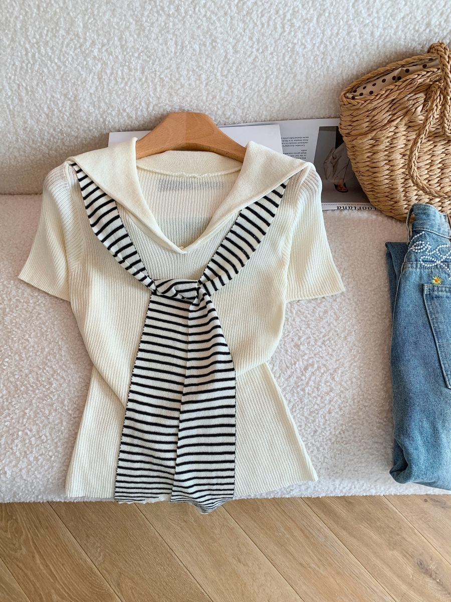 Japanese Preppy Sailor Collar Striped T-Shirt with Cape