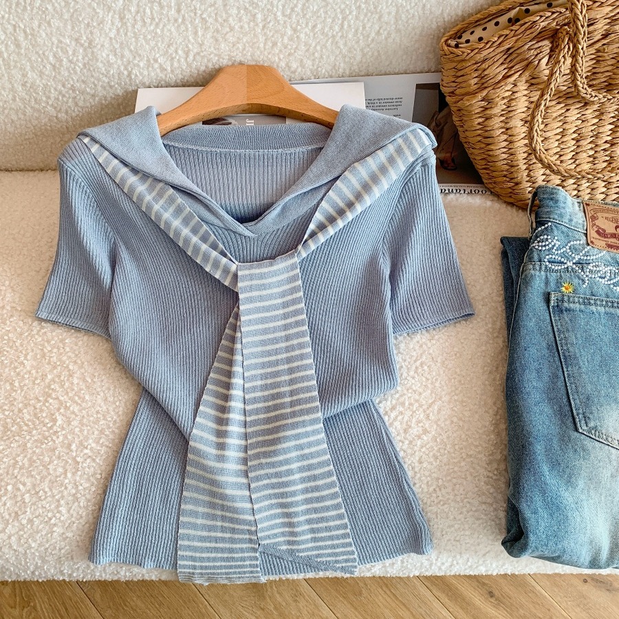 Japanese Preppy Sailor Collar Striped T-Shirt with Cape
