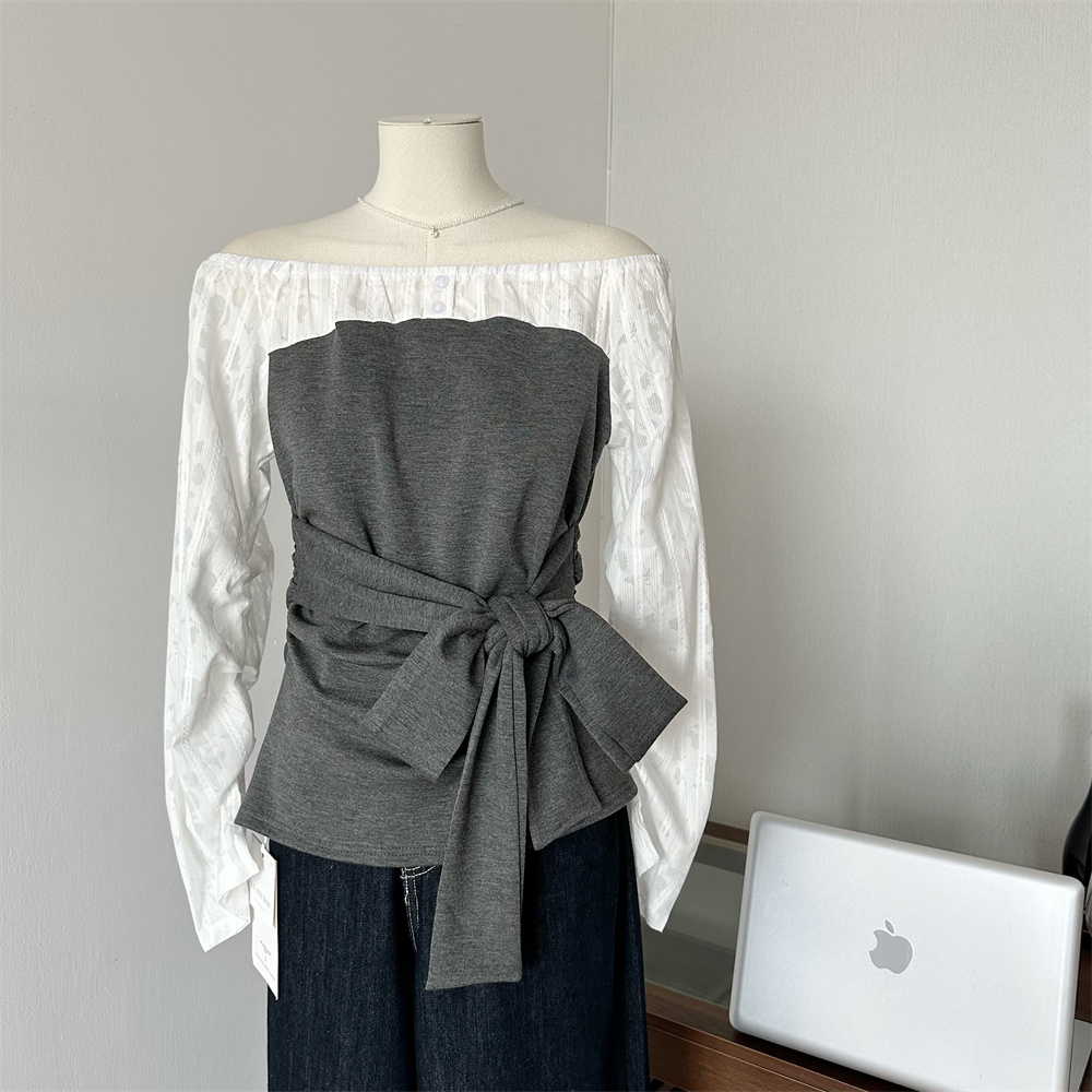 Korean Contrast Color Long Sleeve One-Shoulder Pullover Shirt Slimming Versatile Top