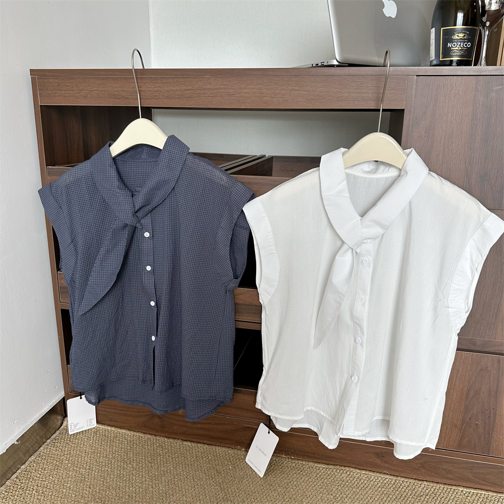 Korean Minimalist Casual Niche Slimming Loose Tie-Neck Shirt 2025 Summer Women's Fashion Versatile Solid Color Top