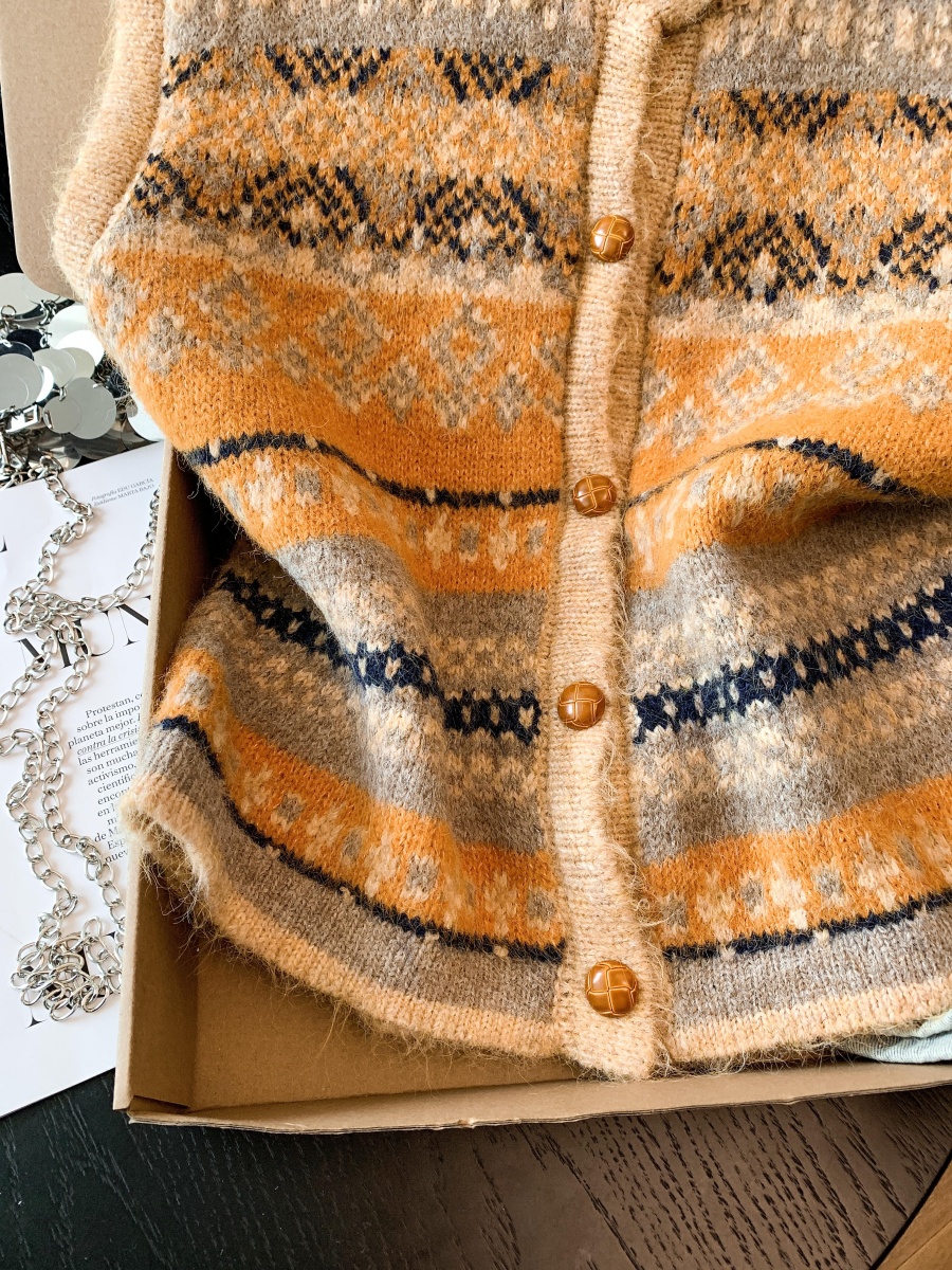Korean Retro Fair Isle Knit Vest for Women Autumn Layering Sleeveless Cardigan