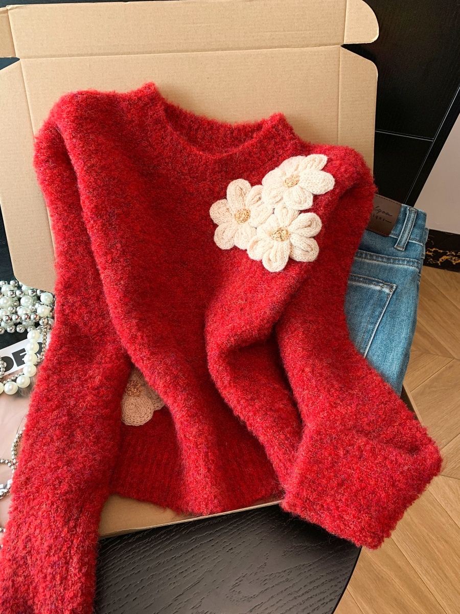 Korean Style 3D Floral Crew Neck Sweater Women Loose Knit Candy Color Short Top