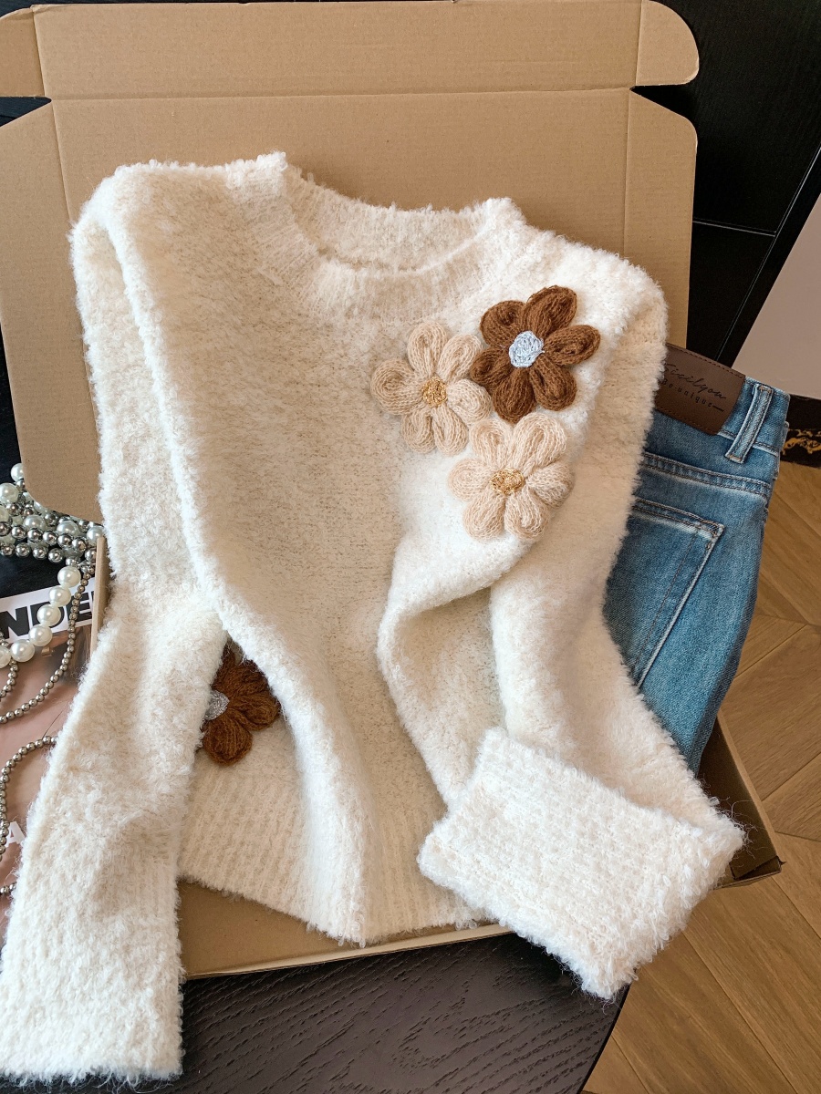 Korean Style 3D Floral Crew Neck Sweater Women Loose Knit Candy Color Short Top