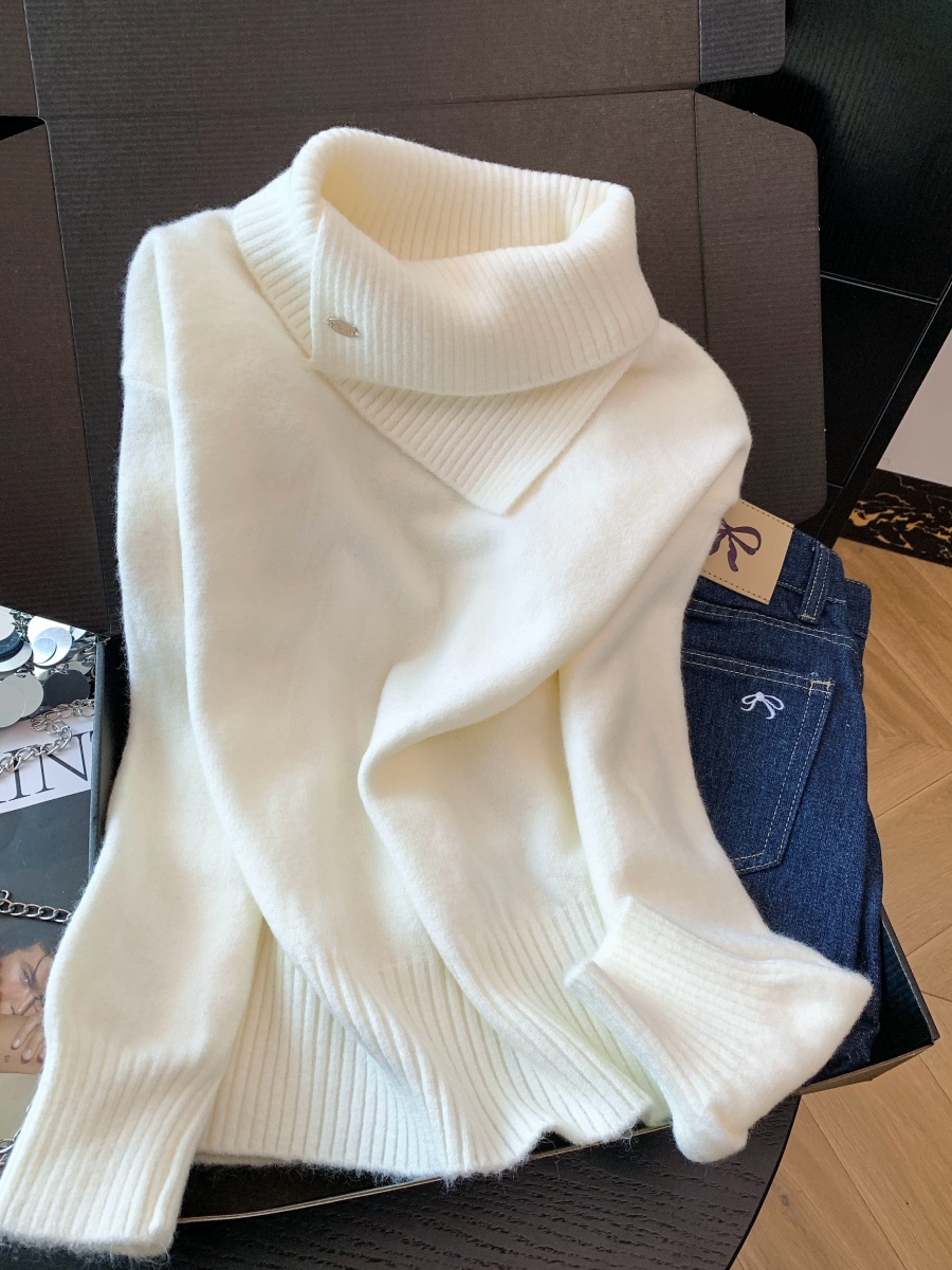 Korean Style White Turtleneck Long Sleeve Knit Sweater for Women Fall Winter Asymmetric Collar Top