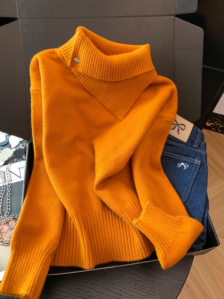 Korean Style White Turtleneck Long Sleeve Knit Sweater for Women Fall Winter Asymmetric Collar Top