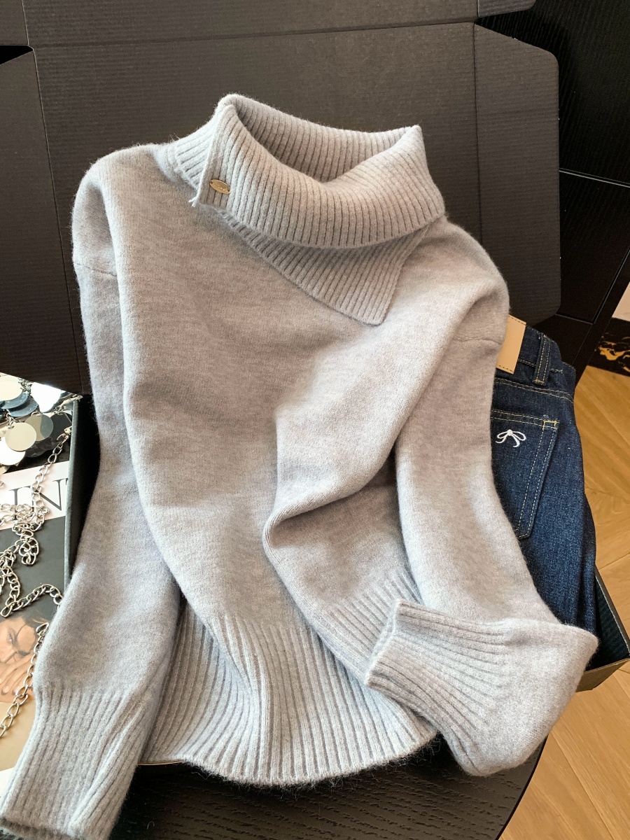 Korean Style White Turtleneck Long Sleeve Knit Sweater for Women Fall Winter Asymmetric Collar Top