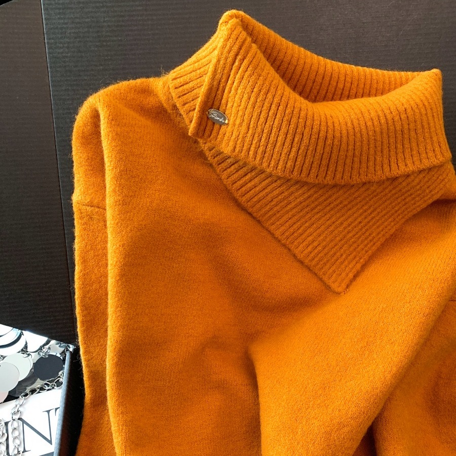 Korean Style White Turtleneck Long Sleeve Knit Sweater for Women Fall Winter Asymmetric Collar Top