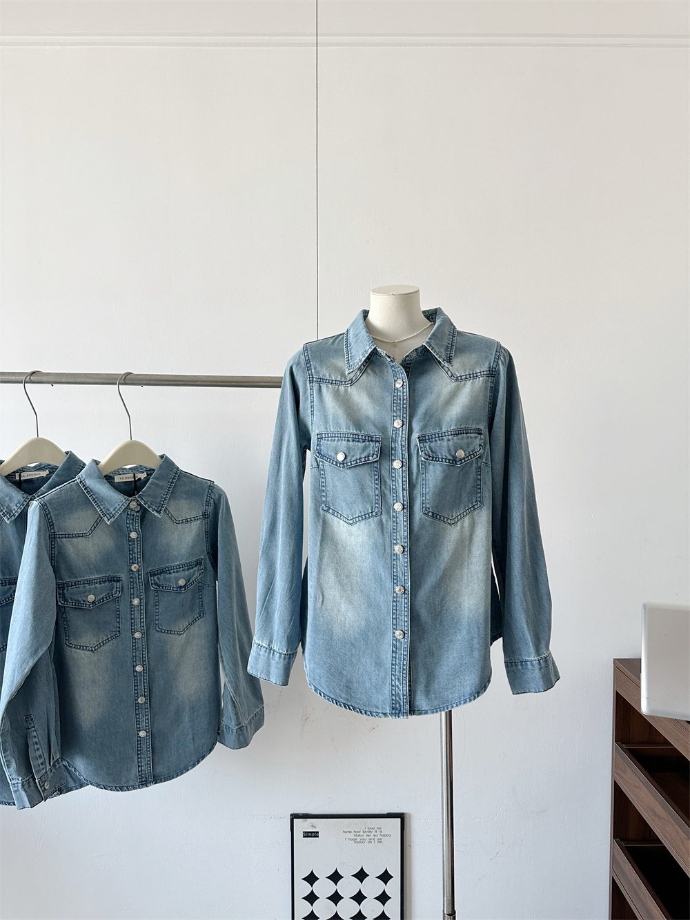L.L STUDIO Early Spring American Retro Blue Denim Shirt with Polo Collar