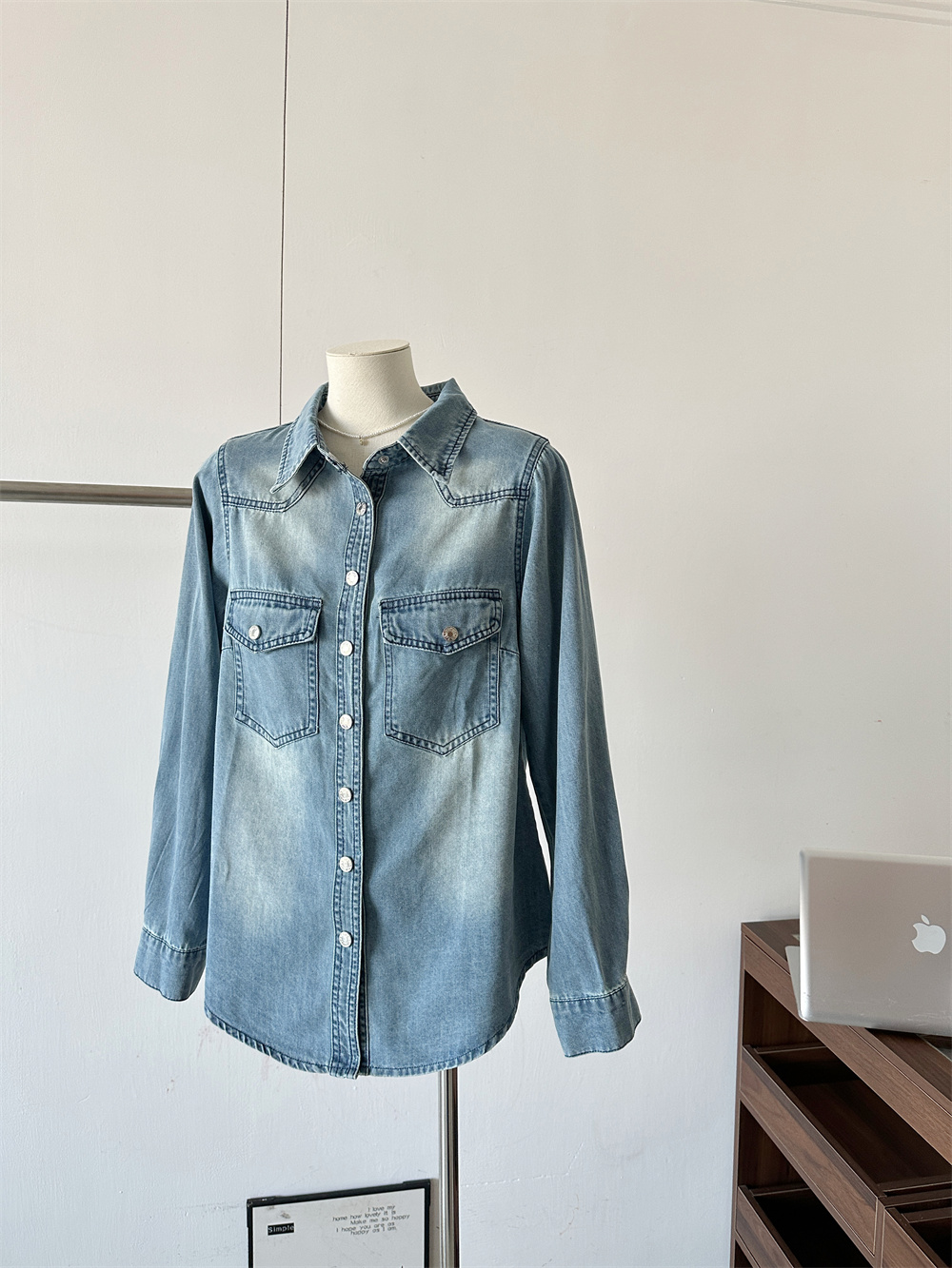 L.L STUDIO Early Spring American Retro Blue Denim Shirt with Polo Collar