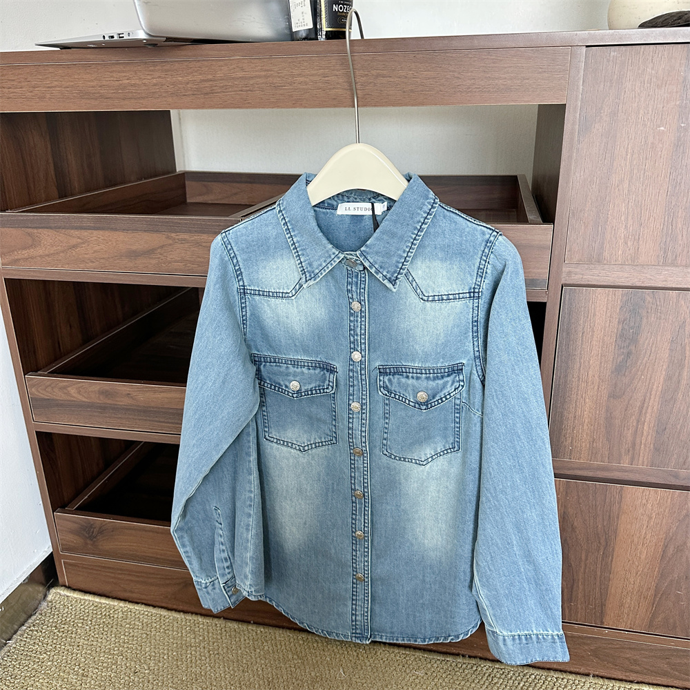 L.L STUDIO Early Spring American Retro Blue Denim Shirt with Polo Collar