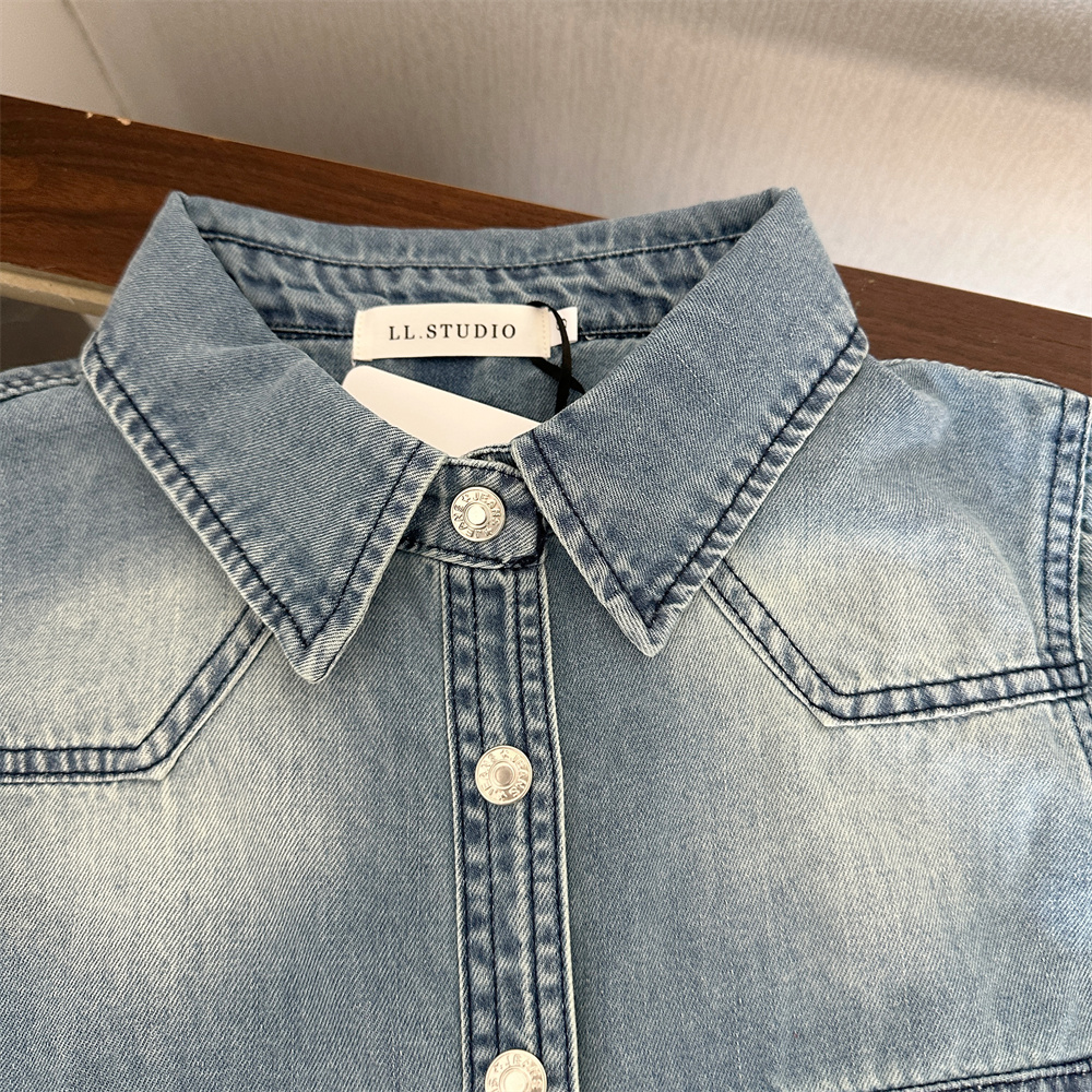 L.L STUDIO Early Spring American Retro Blue Denim Shirt with Polo Collar