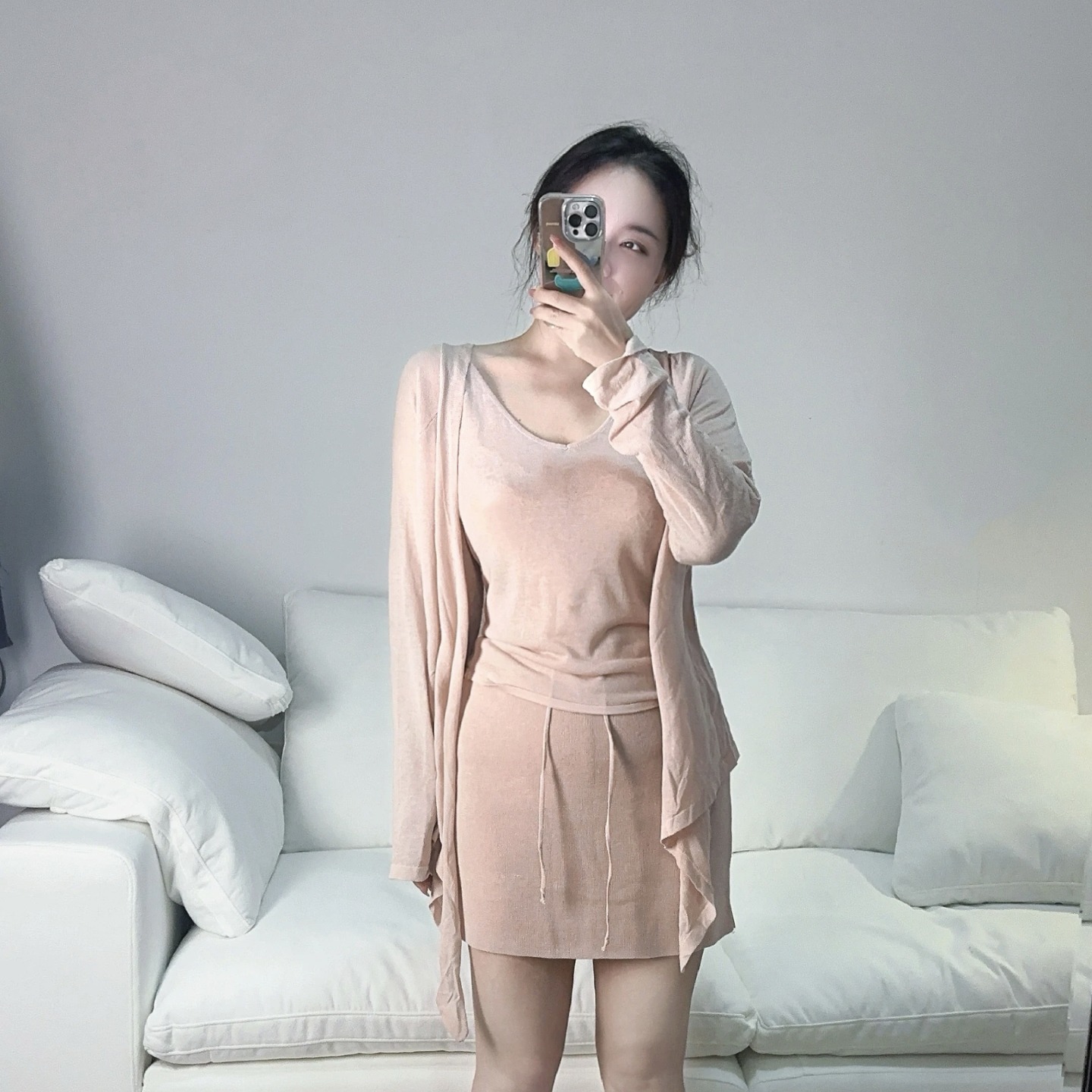 Pink Three-Piece Knit V-Neck Cardigan Set for Women Summer 2025