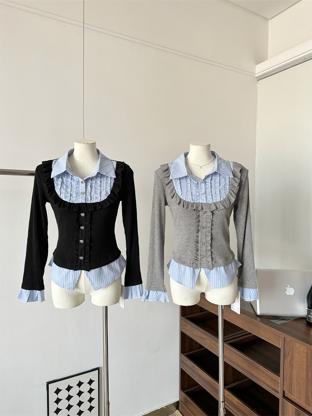 Retro Hot Girl Lapel Fake Two-Piece Base Shirt Women's Inner Wear Wooden Ear Striped Spliced Flared Long Sleeve Top Autumn Winter