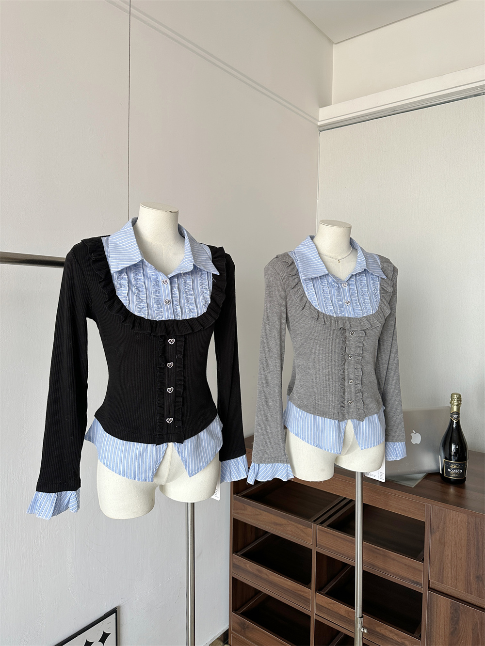 Retro Hot Girl Lapel Fake Two-Piece Base Shirt Women's Inner Wear Wooden Ear Striped Spliced Flared Long Sleeve Top Autumn Winter