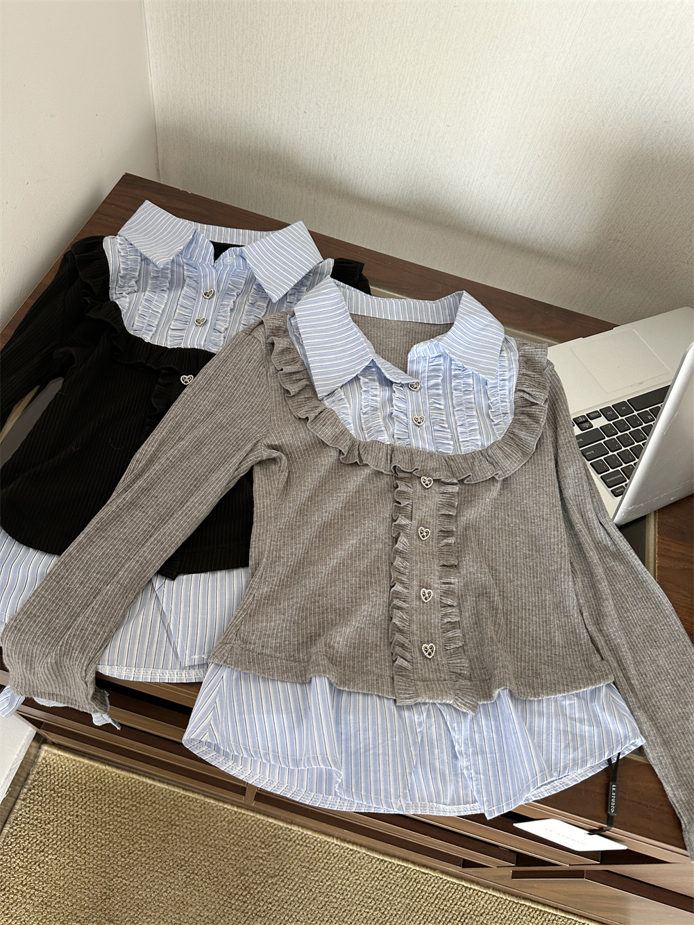 Retro Hot Girl Lapel Fake Two-Piece Base Shirt Women's Inner Wear Wooden Ear Striped Spliced Flared Long Sleeve Top Autumn Winter
