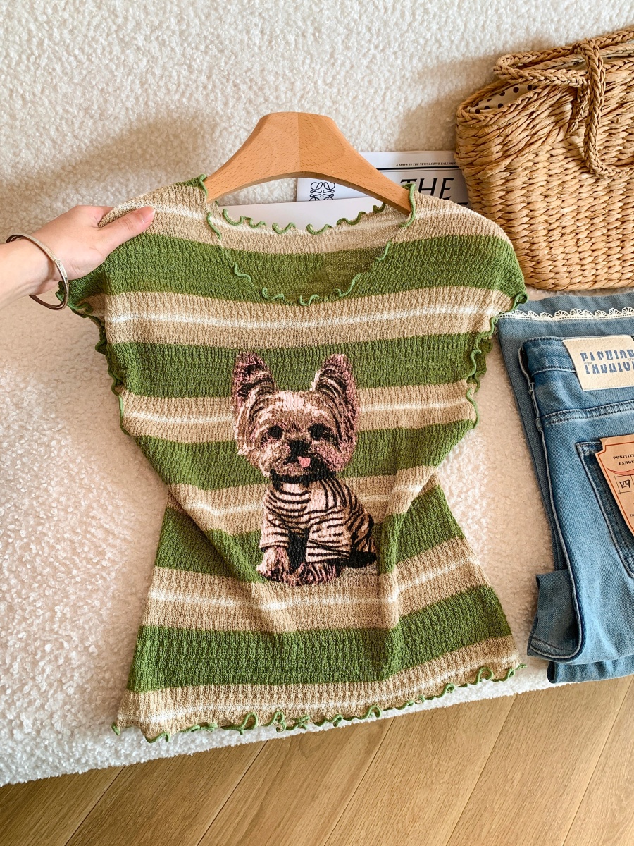 Summer Puppy Print Lettuce Trim Short Sleeve Ice Silk Knit Top Women
