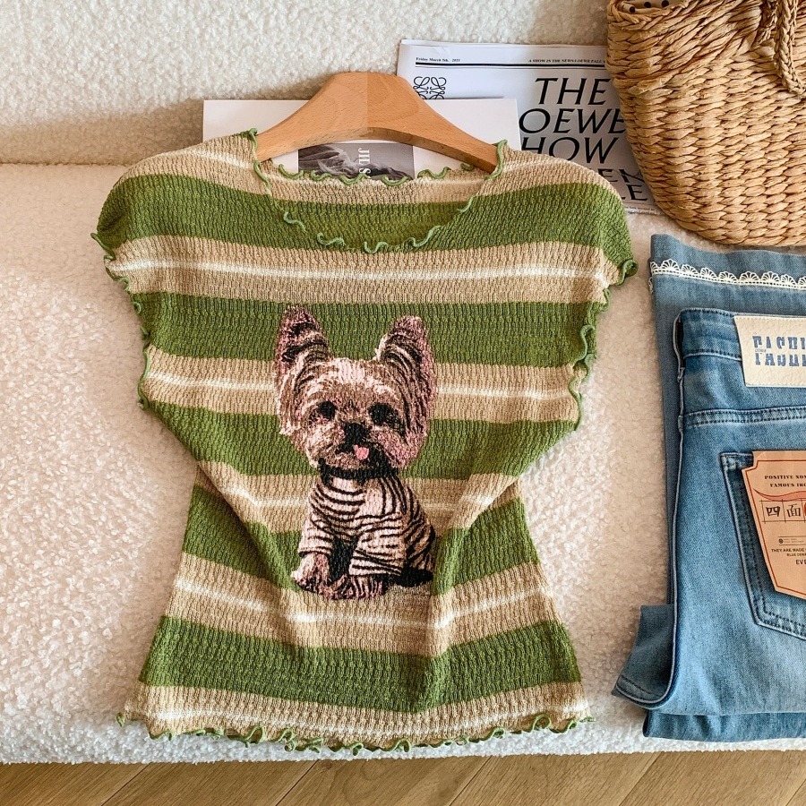 Summer Puppy Print Lettuce Trim Short Sleeve Ice Silk Knit Top Women