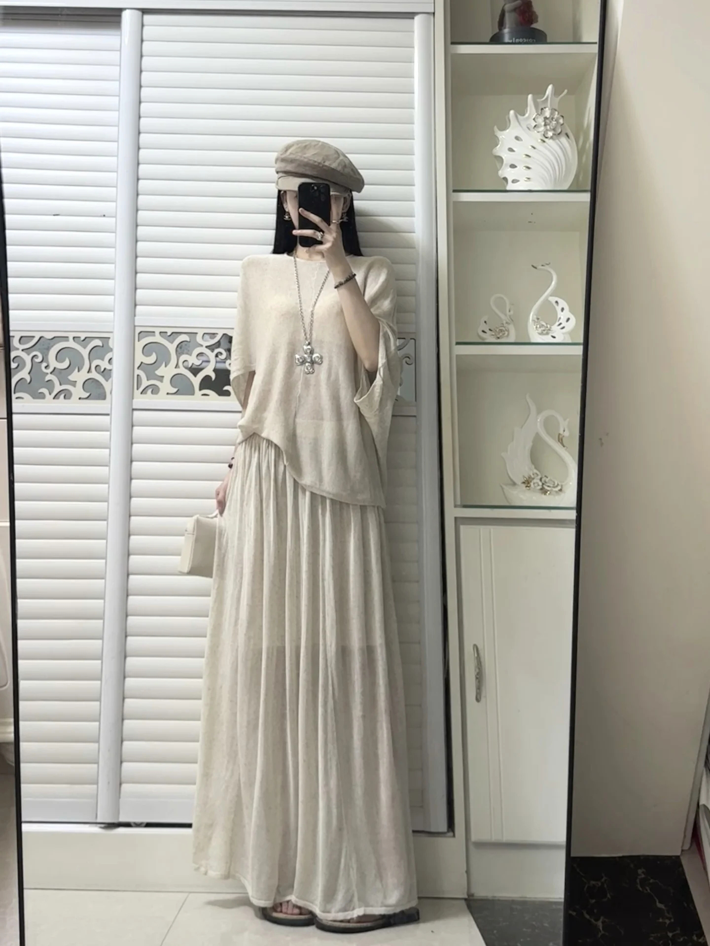 Summer Short Sleeve T-Shirt Set for Women Casual Lazy Batwing Sleeve Loose Round Neck Top and Skirt