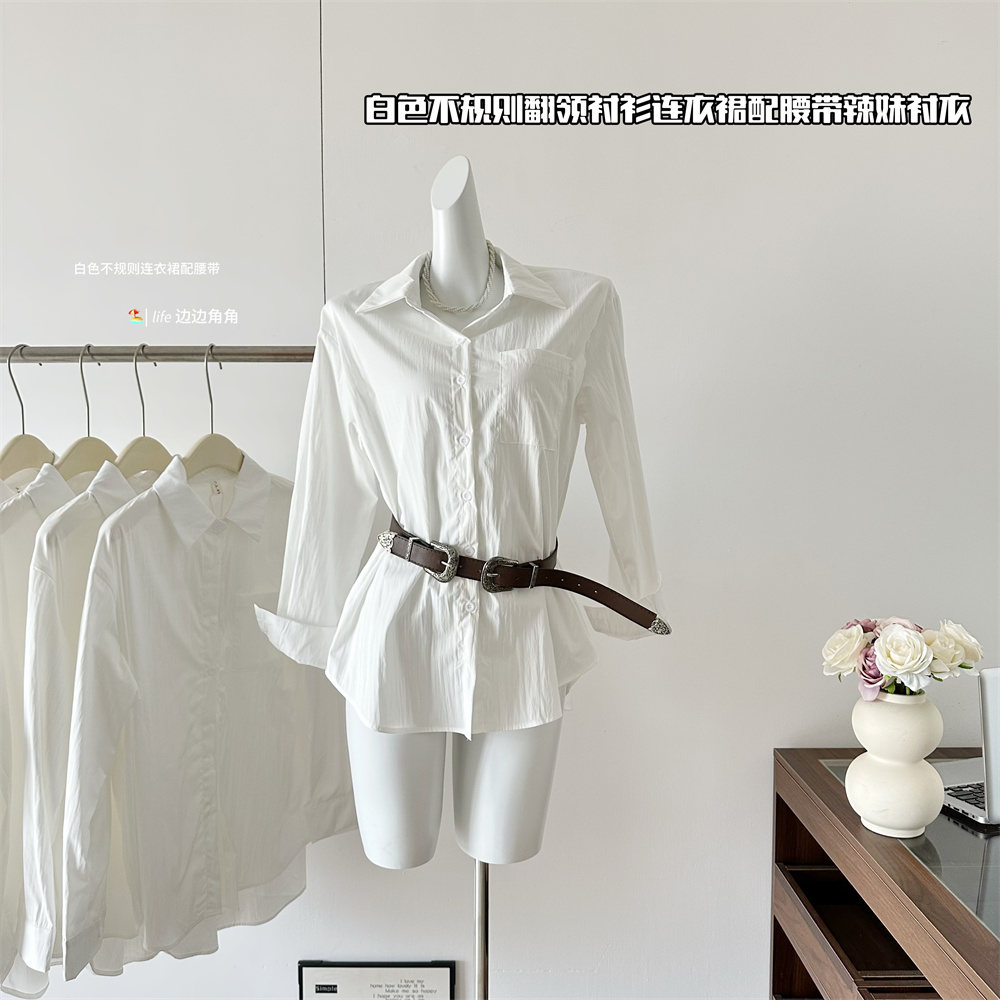 White Asymmetric Collared Shirt Dress with Belt Long Sleeve Women