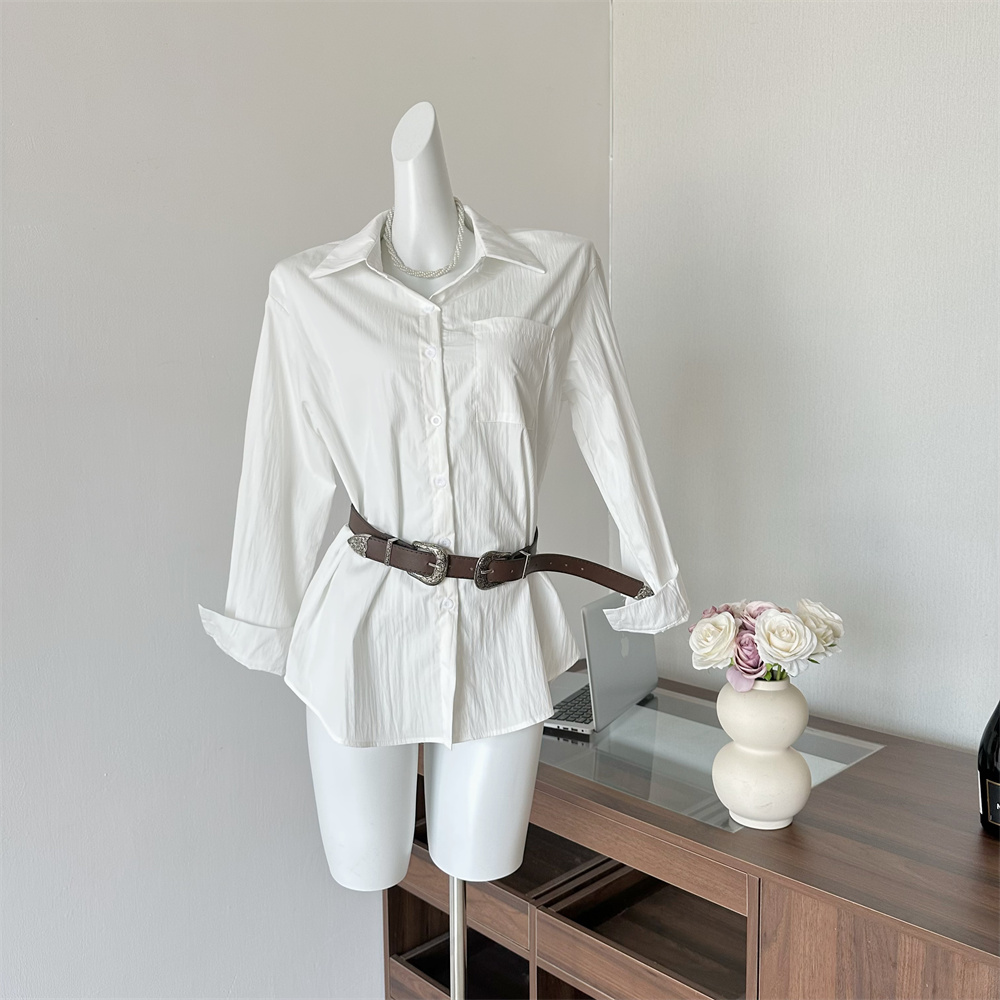 White Asymmetric Collared Shirt Dress with Belt Long Sleeve Women