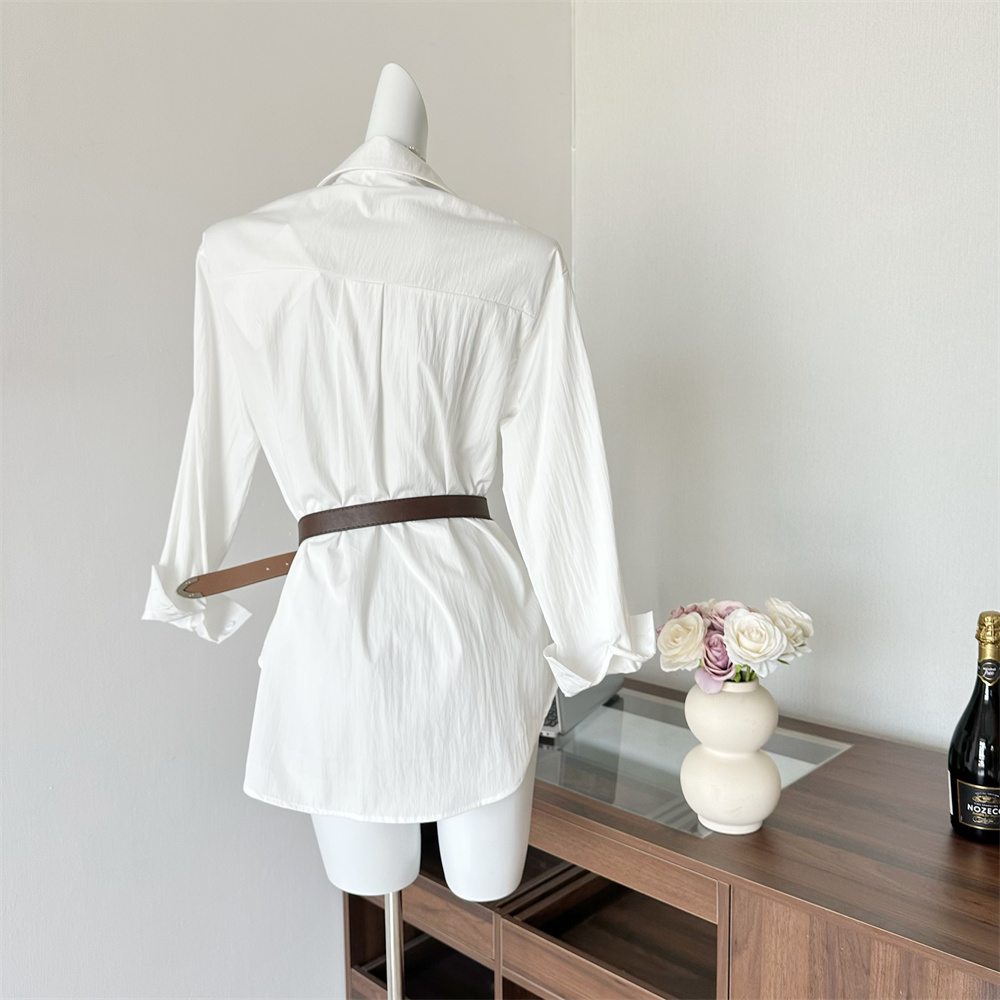White Asymmetric Collared Shirt Dress with Belt Long Sleeve Women
