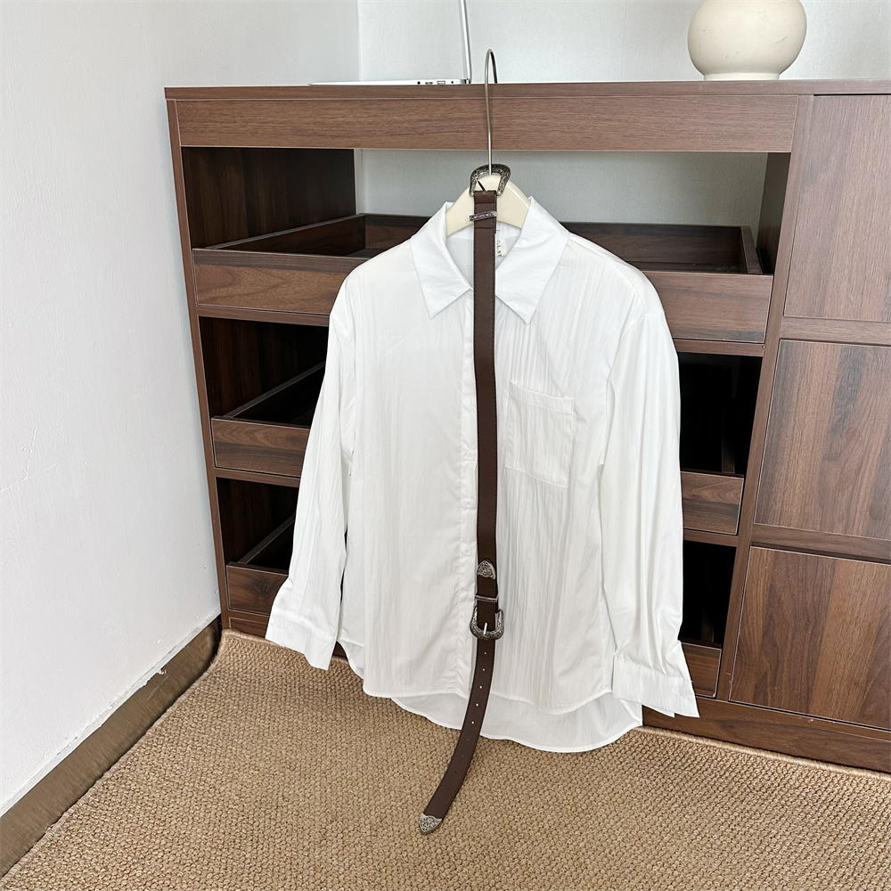 White Asymmetric Collared Shirt Dress with Belt Long Sleeve Women