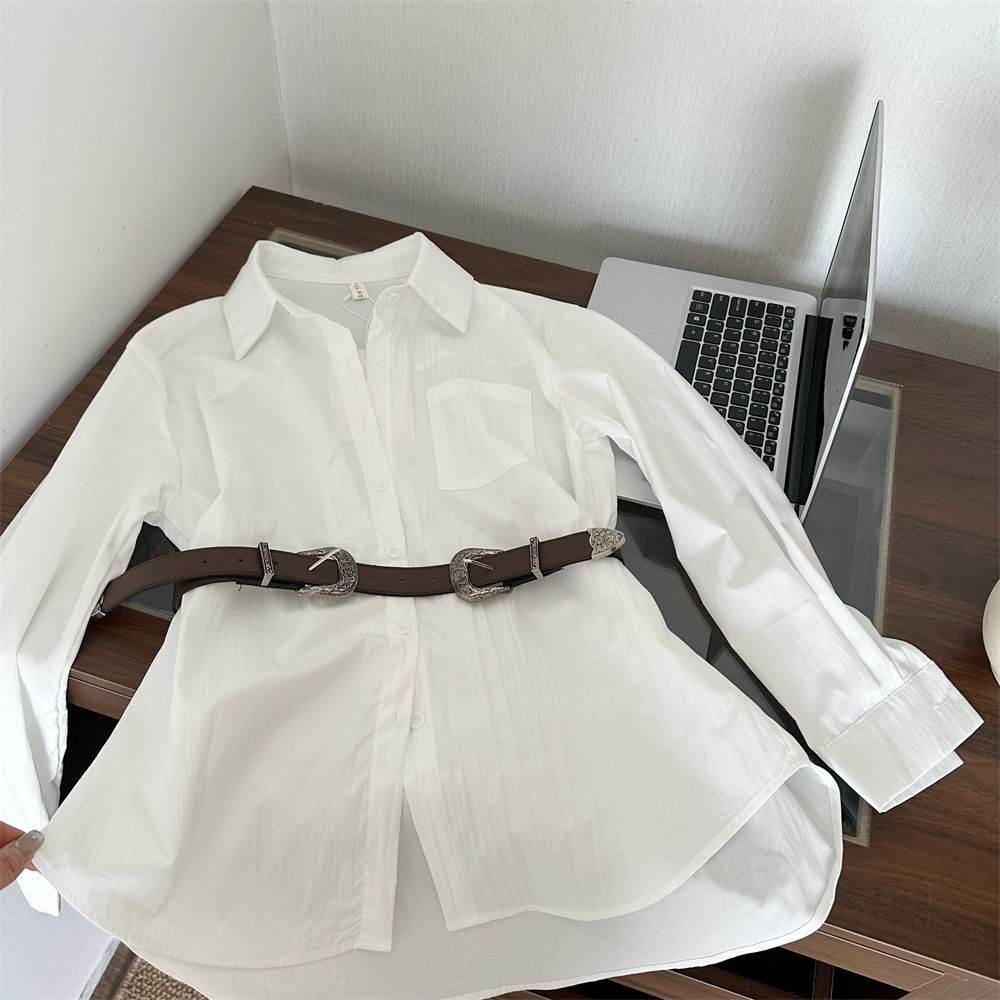 White Asymmetric Collared Shirt Dress with Belt Long Sleeve Women