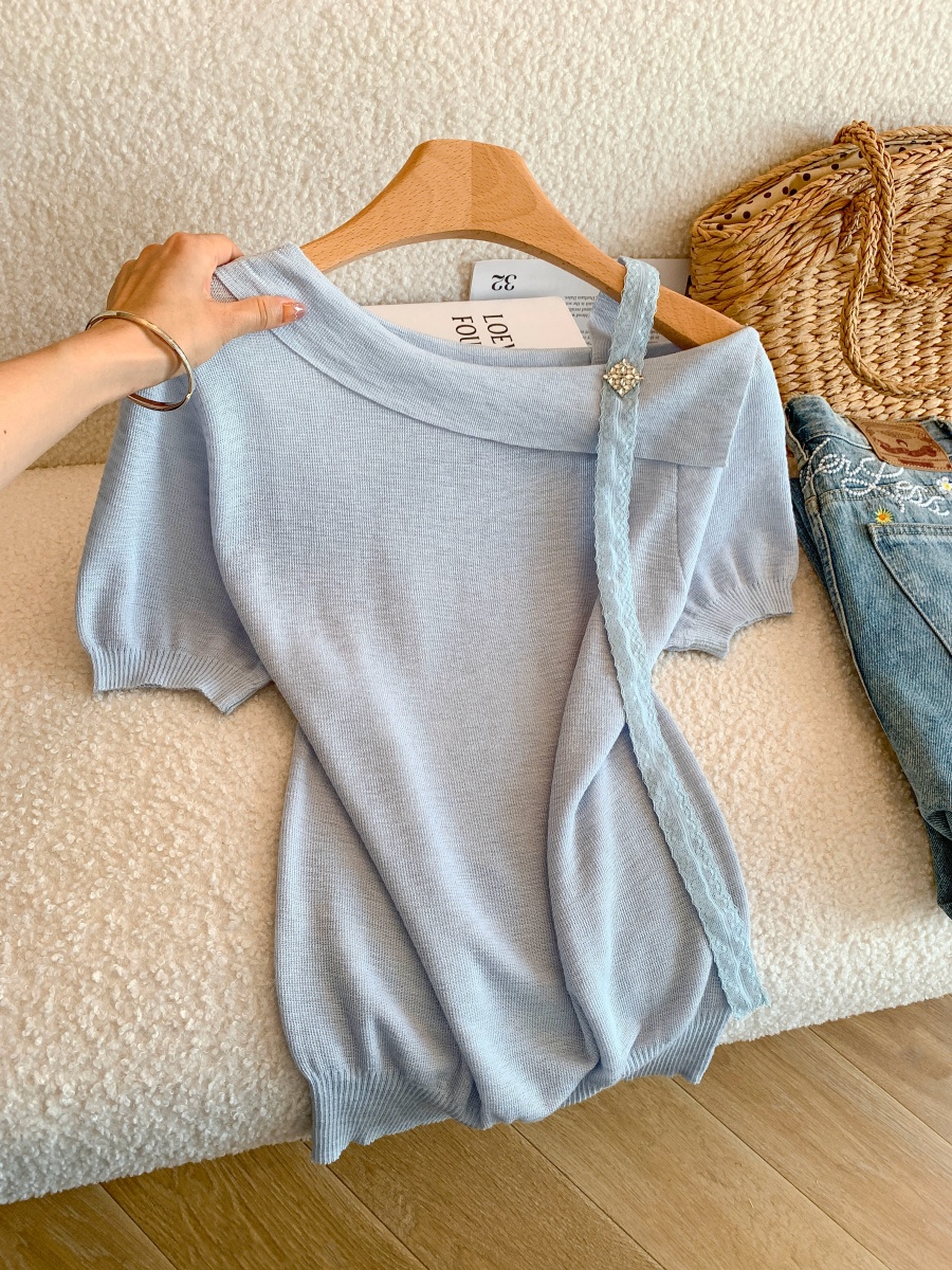 Women Summer Knit Top with Ribbon Tie Slant Neck Short Sleeve Off Shoulder Design