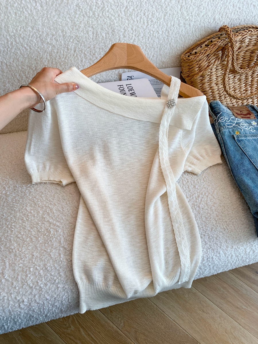 Women Summer Knit Top with Ribbon Tie Slant Neck Short Sleeve Off Shoulder Design