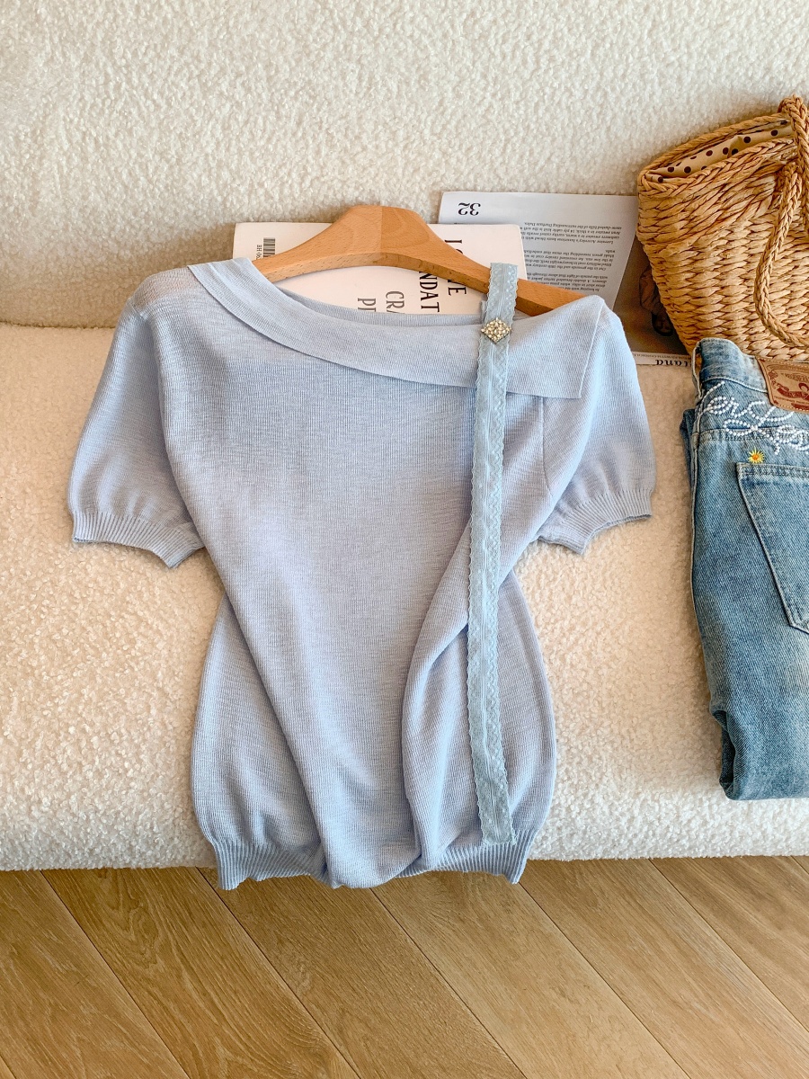 Women Summer Knit Top with Ribbon Tie Slant Neck Short Sleeve Off Shoulder Design