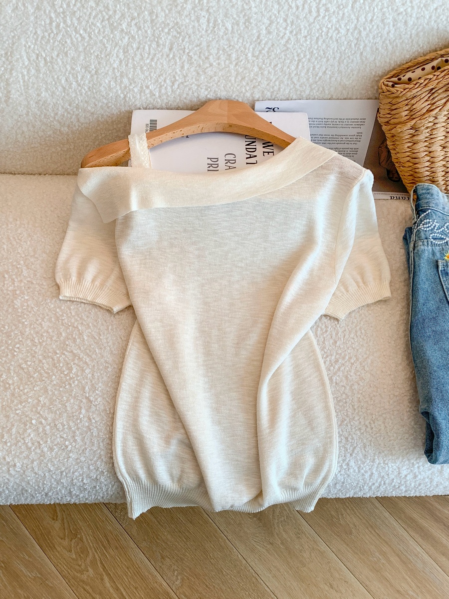 Women Summer Knit Top with Ribbon Tie Slant Neck Short Sleeve Off Shoulder Design