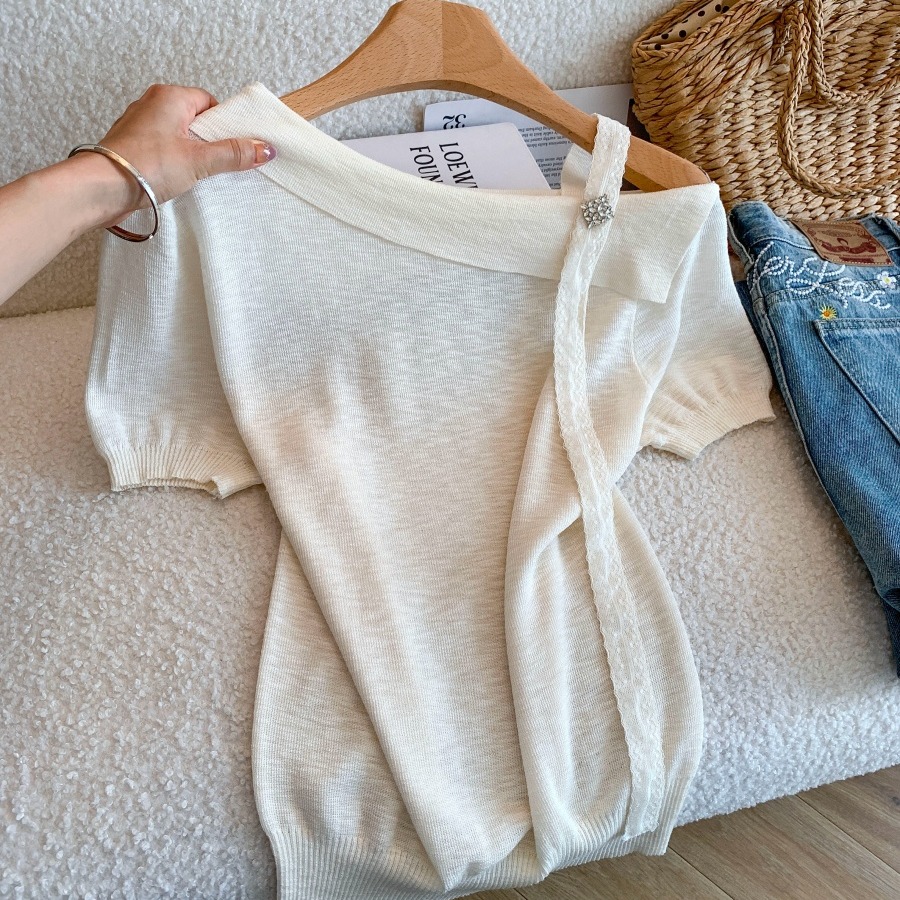 Women Summer Knit Top with Ribbon Tie Slant Neck Short Sleeve Off Shoulder Design