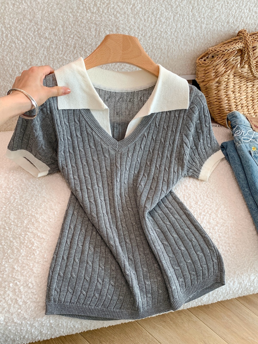 Women's 2026 Summer Thin Knit Top with Faux Two-Piece Collar and Short Sleeves